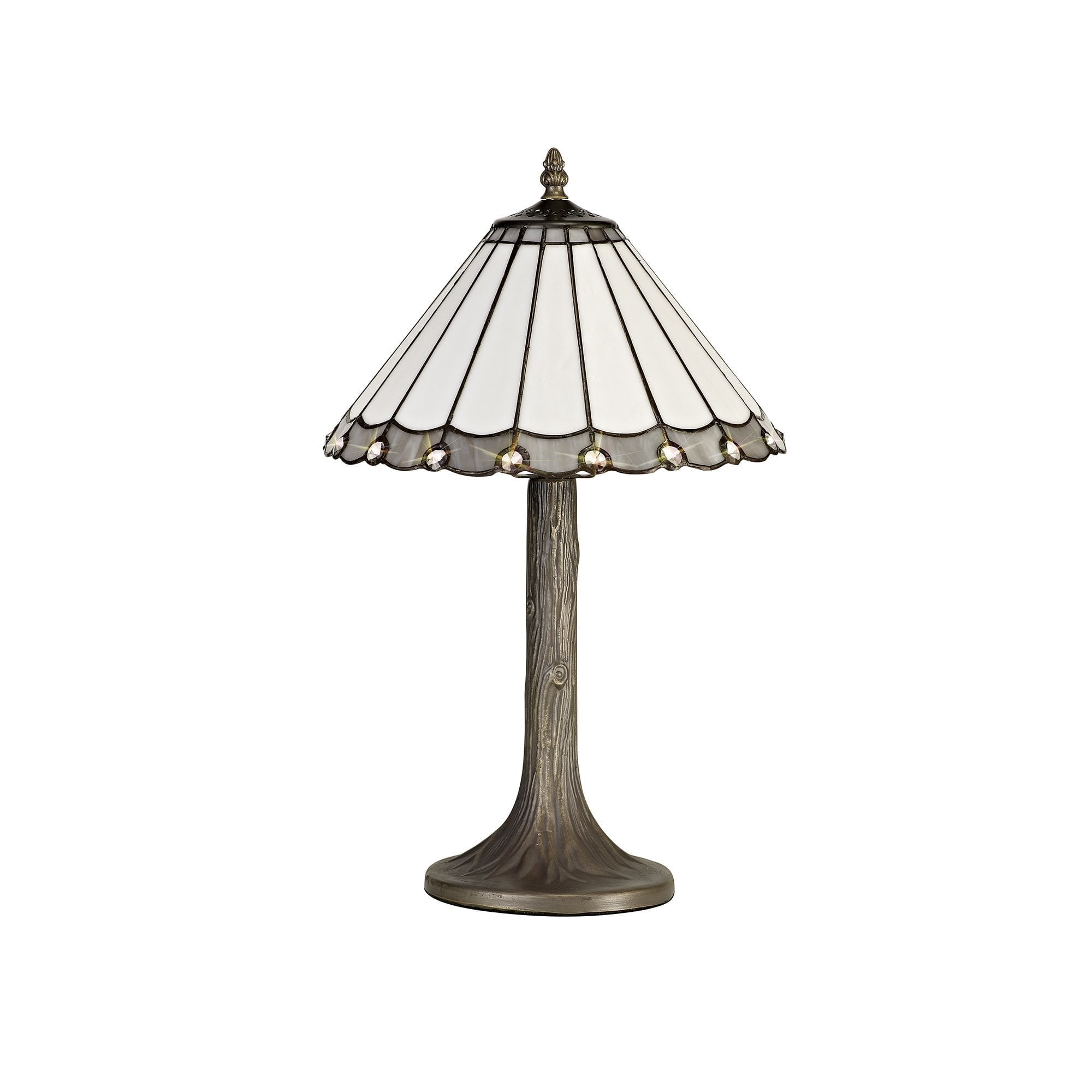 1 Light Tree Like Table Lamp E27 With 30cm Tiffany Shade, Grey/Cream/Crystal/Aged Antique Brass