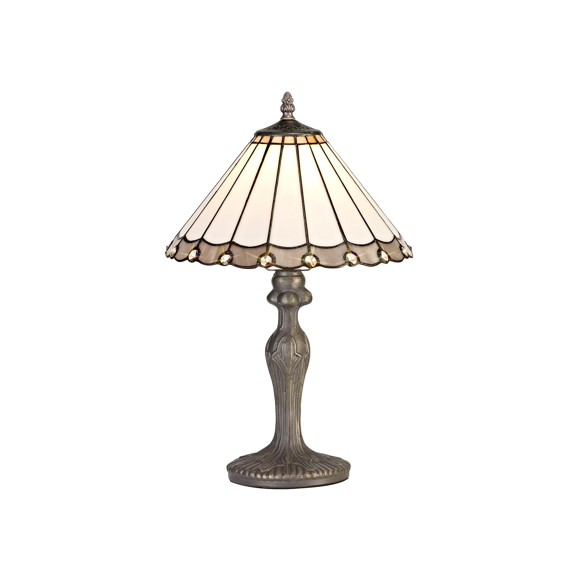 1 Light Curved Table Lamp E27 With 30cm Tiffany Shade, Grey/Cream/Crystal/Aged Antique Brass