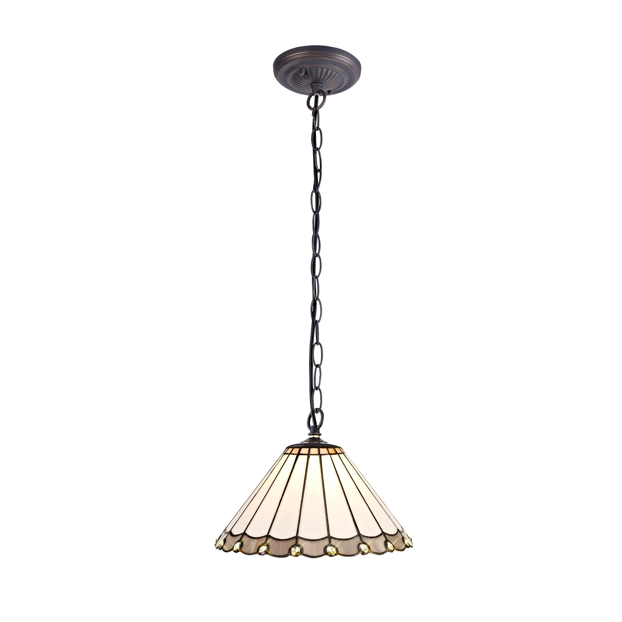 1 Light Downlighter Pendant E27 With 30cm Tiffany Shade, Grey/Cream/Crystal/Aged Antique Brass