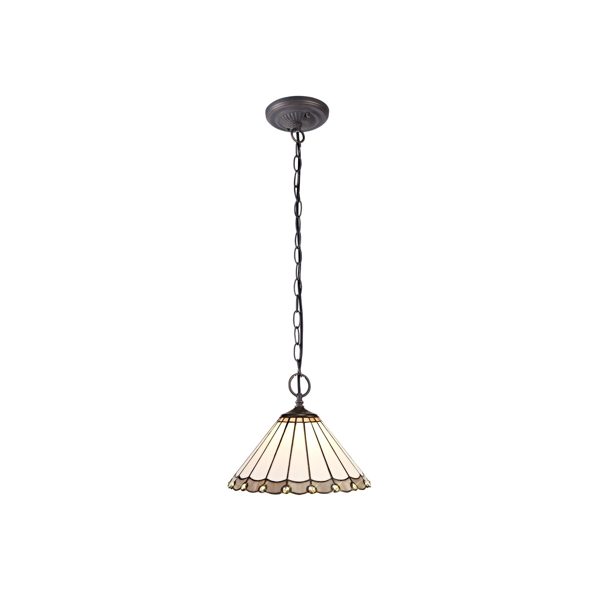2 Light Downlighter Pendant E27 With 30cm Tiffany Shade, Grey/Cream/Crystal/Aged Antique Brass