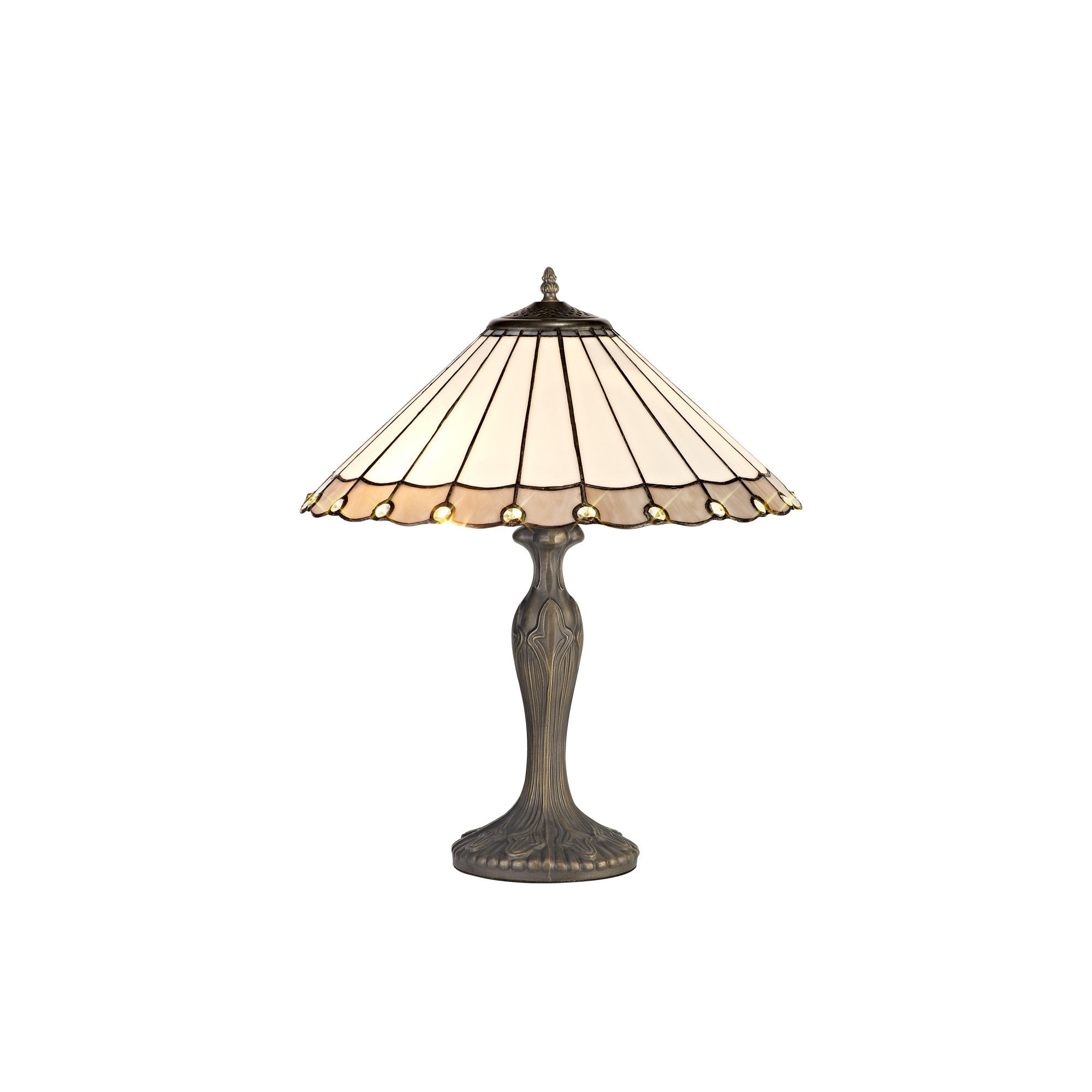 2 Light Curved Table Lamp E27 With 40cm Tiffany Shade, Grey/Cream/Crystal/Aged Antique Brass