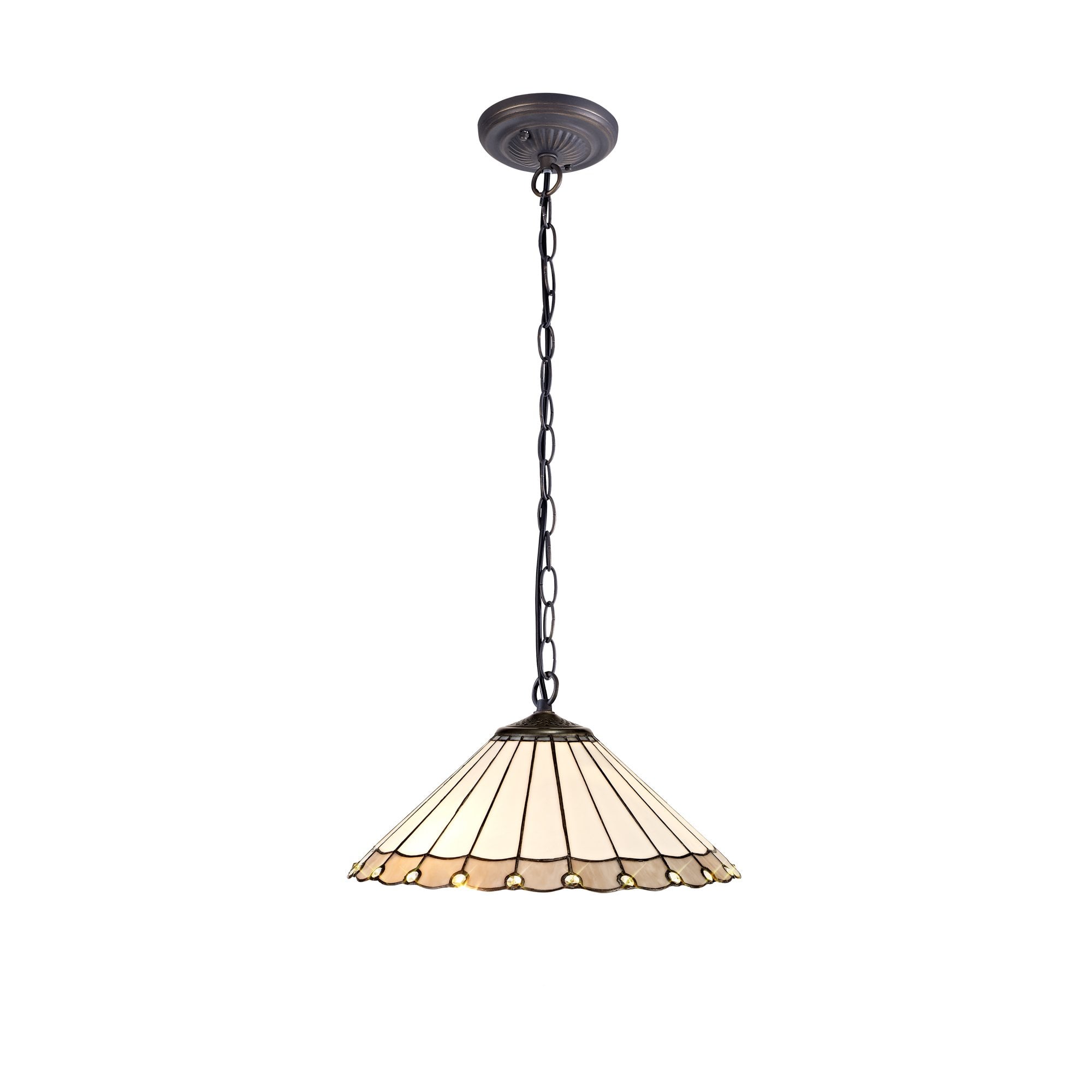 1 Light Downlighter Pendant E27 With 40cm Tiffany Shade, Grey/Cream/Crystal/Aged Antique Brass