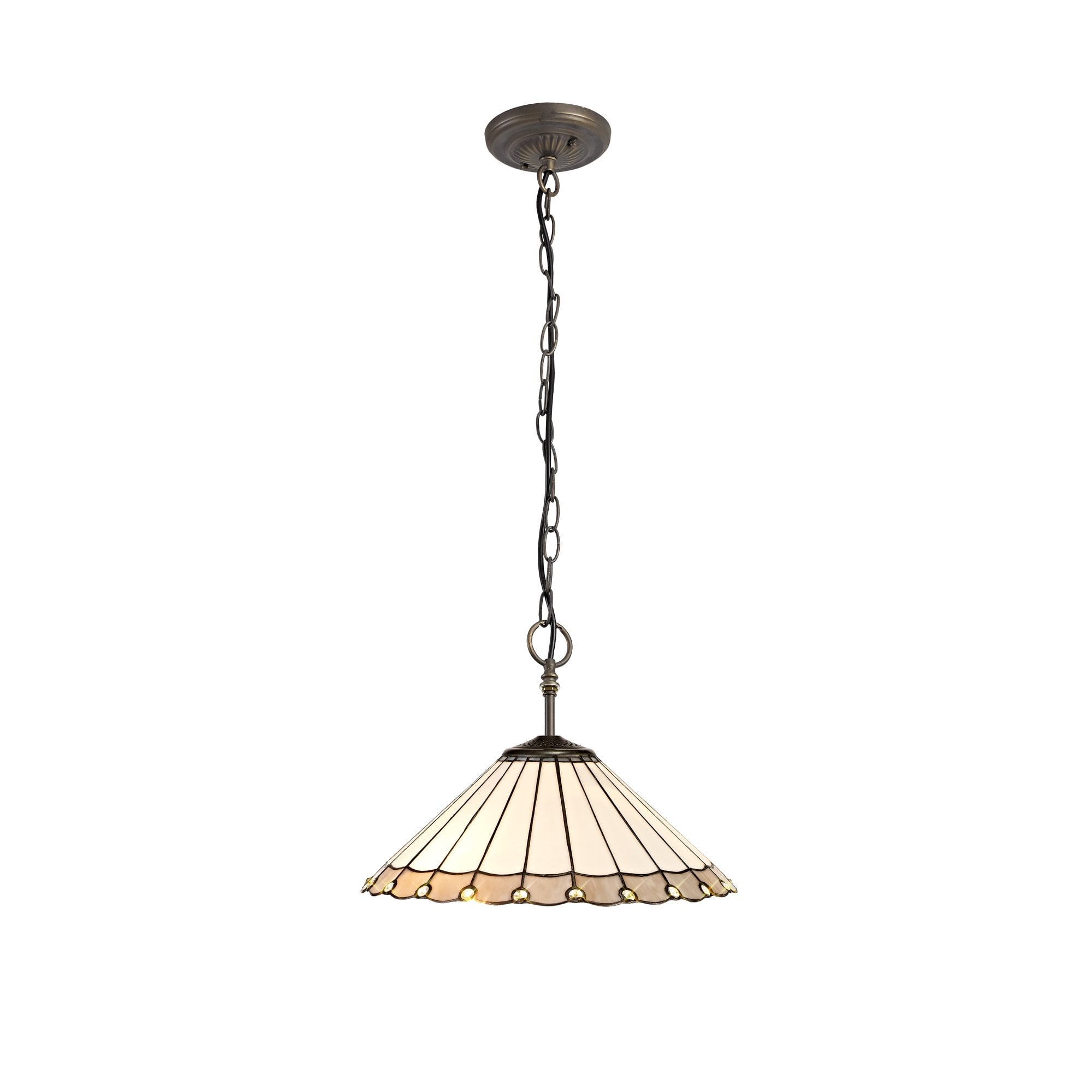 3 Light Downlighter Pendant E27 With 40cm Tiffany Shade, Grey/Cream/Crystal/Aged Antique Brass