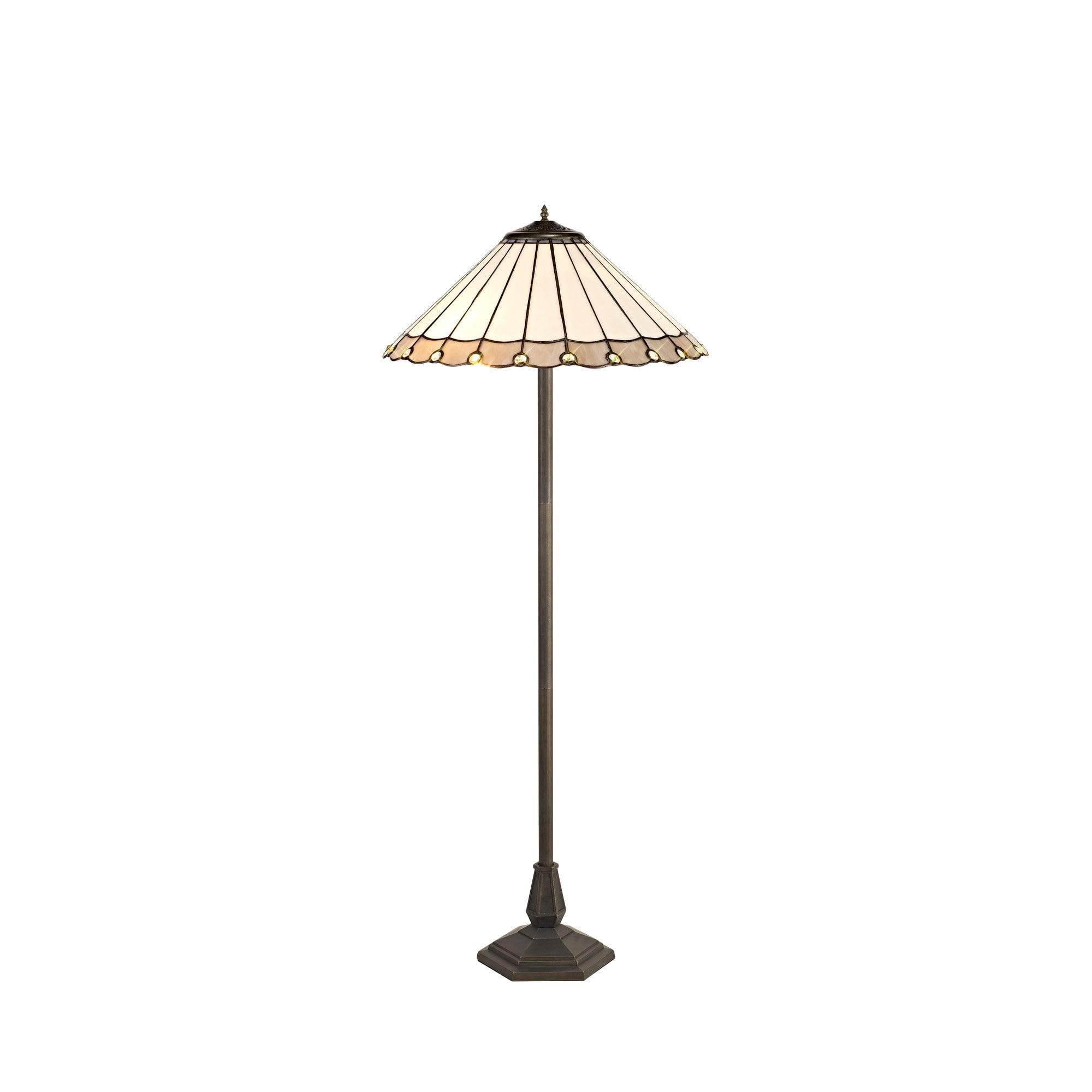 2 Light Octagonal Floor Lamp E27 With 40cm Tiffany Shade, Grey/Cream/Crystal/Aged Antique Brass