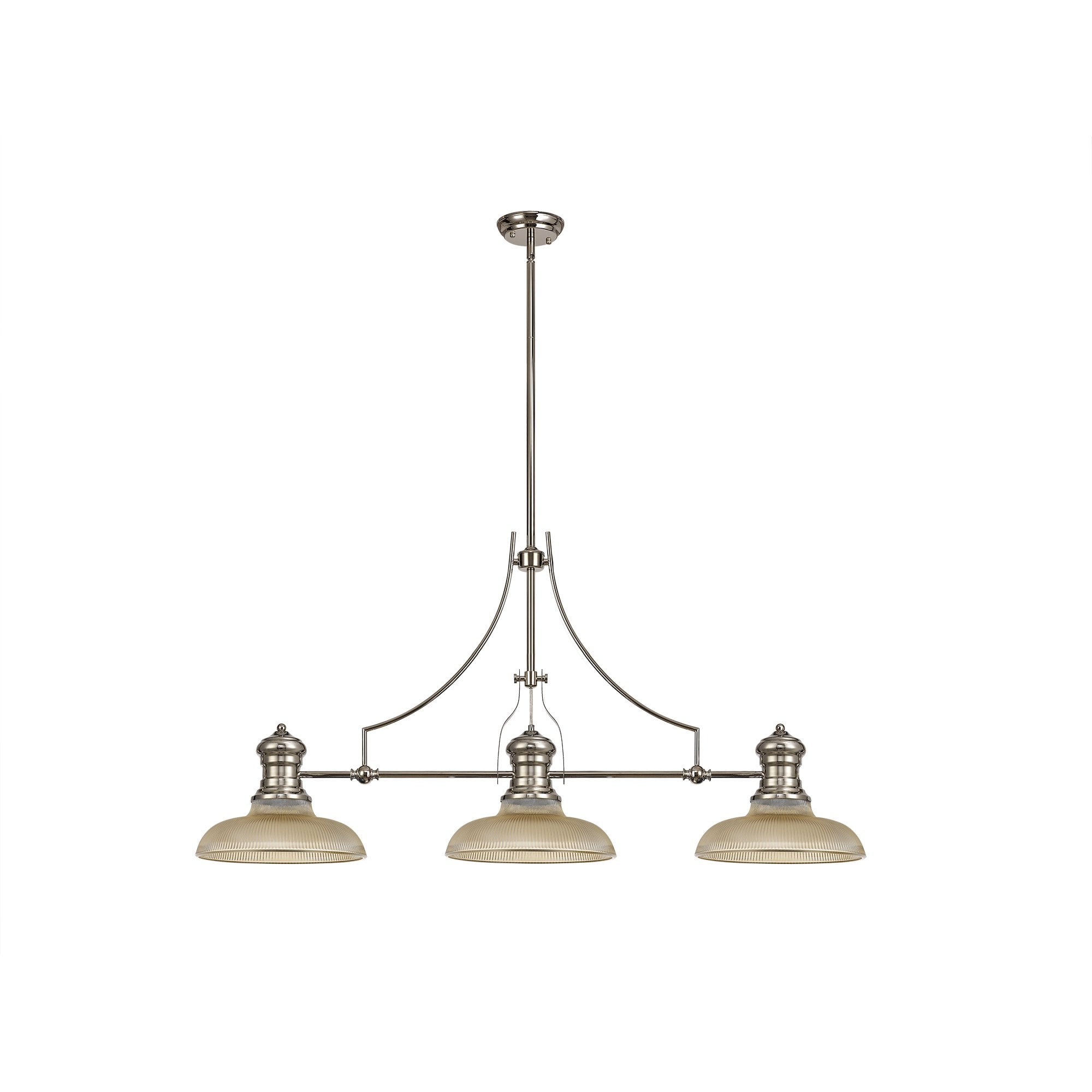 3 Light Telescopic Pendant E27 With 30cm Round Glass Shade, Polished Nickel/Amber