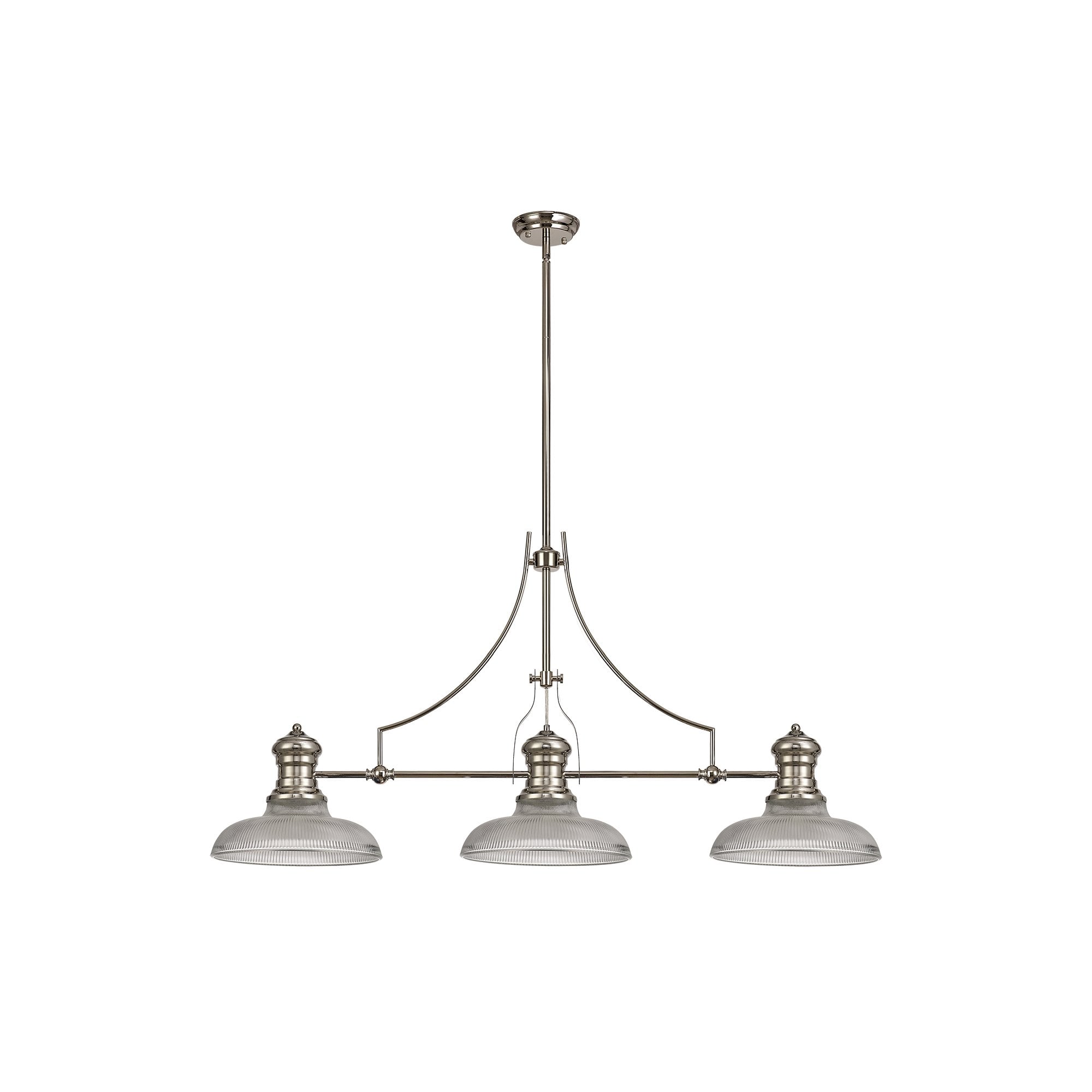 3 Light Telescopic Pendant E27 With 30cm Round Glass Shade, Polished Nickel/Clear