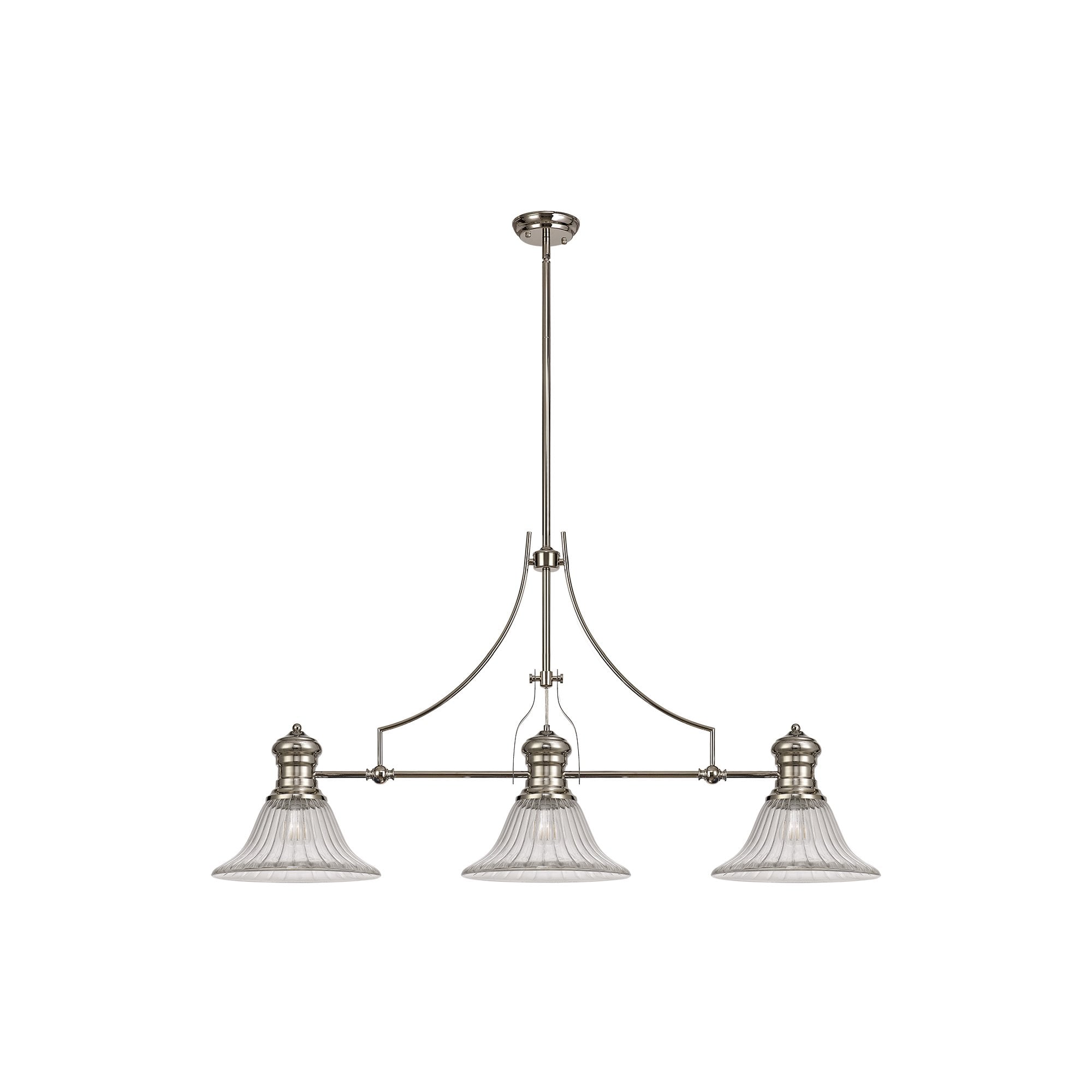 3 Light Telescopic Pendant E27 With 30cm Bell Glass Shade, Polished Nickel/Clear