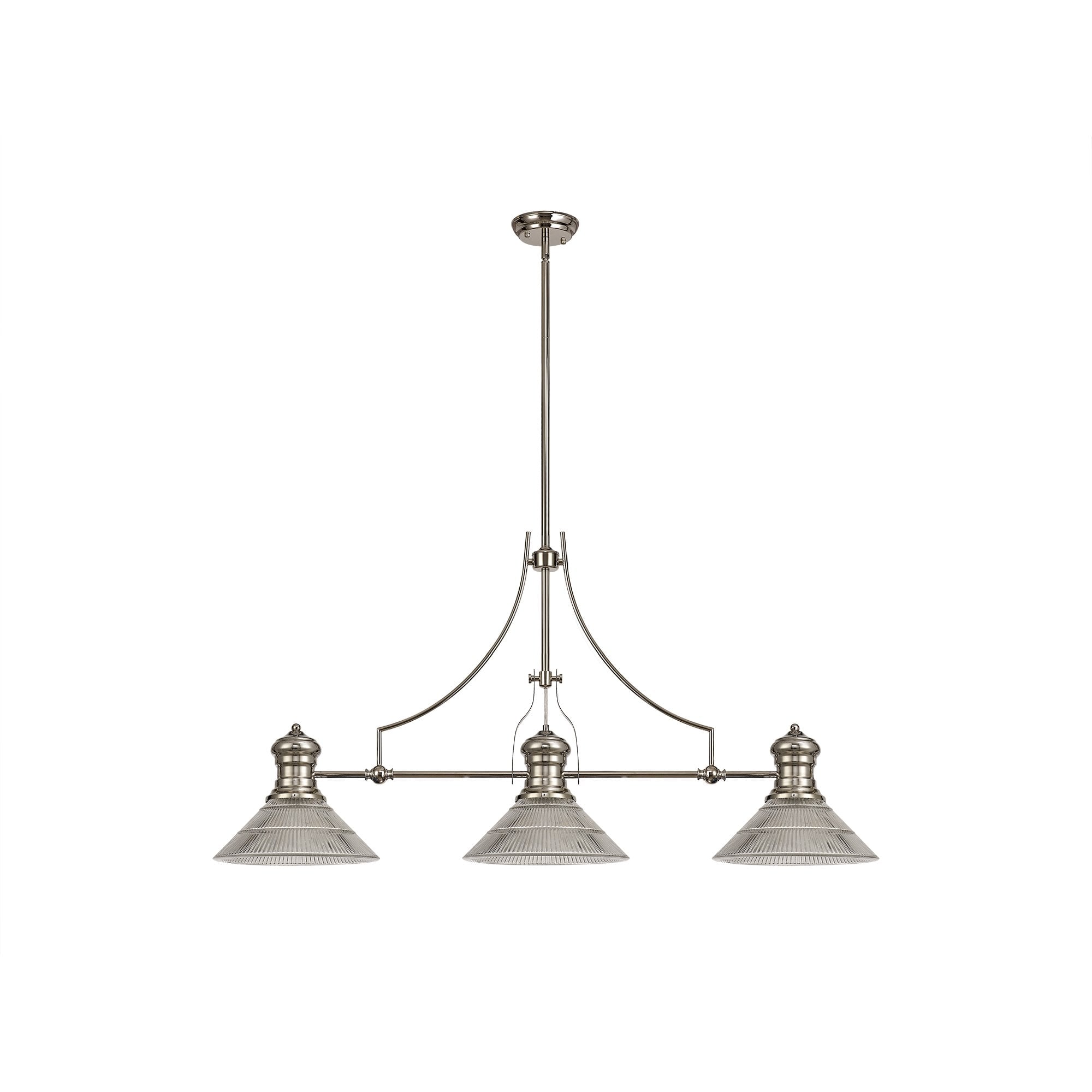 3 Light Telescopic Pendant E27 With 30cm Cone Glass Shade, Polished Nickel/Clear