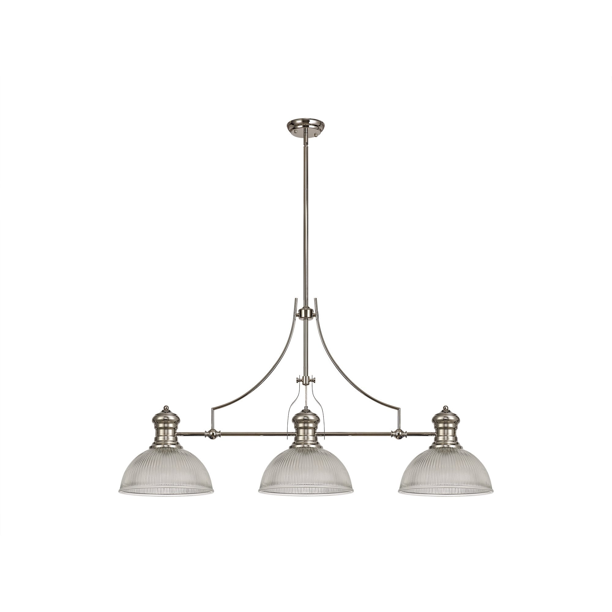 3 Light Telescopic Pendant E27 With 30cm Dome Glass Shade, Polished Nickel/Clear