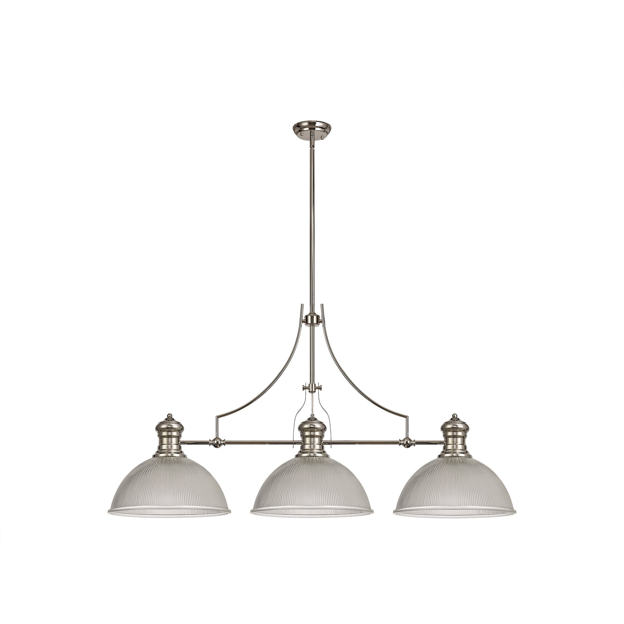 3 Light Telescopic Pendant E27 With 38cm Dome Glass Shade, Polished Nickel/Clear
