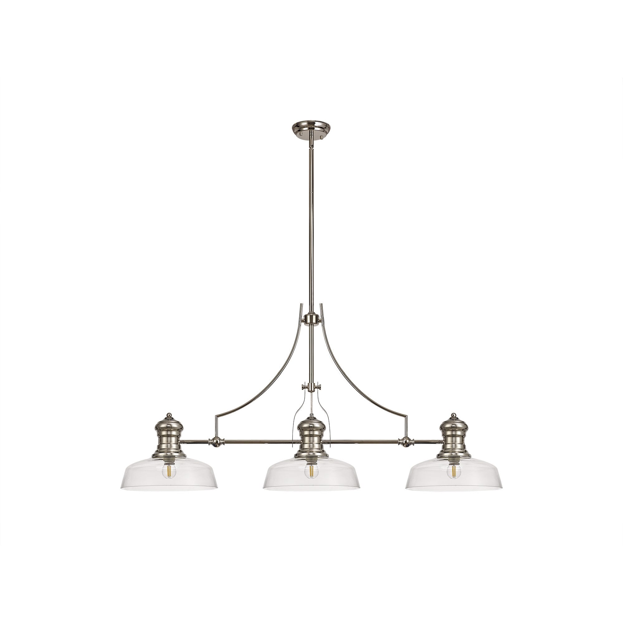 3 Light Telescopic Pendant E27 With 30cm Flat Round Glass Shade, Polished Nickel/Clear