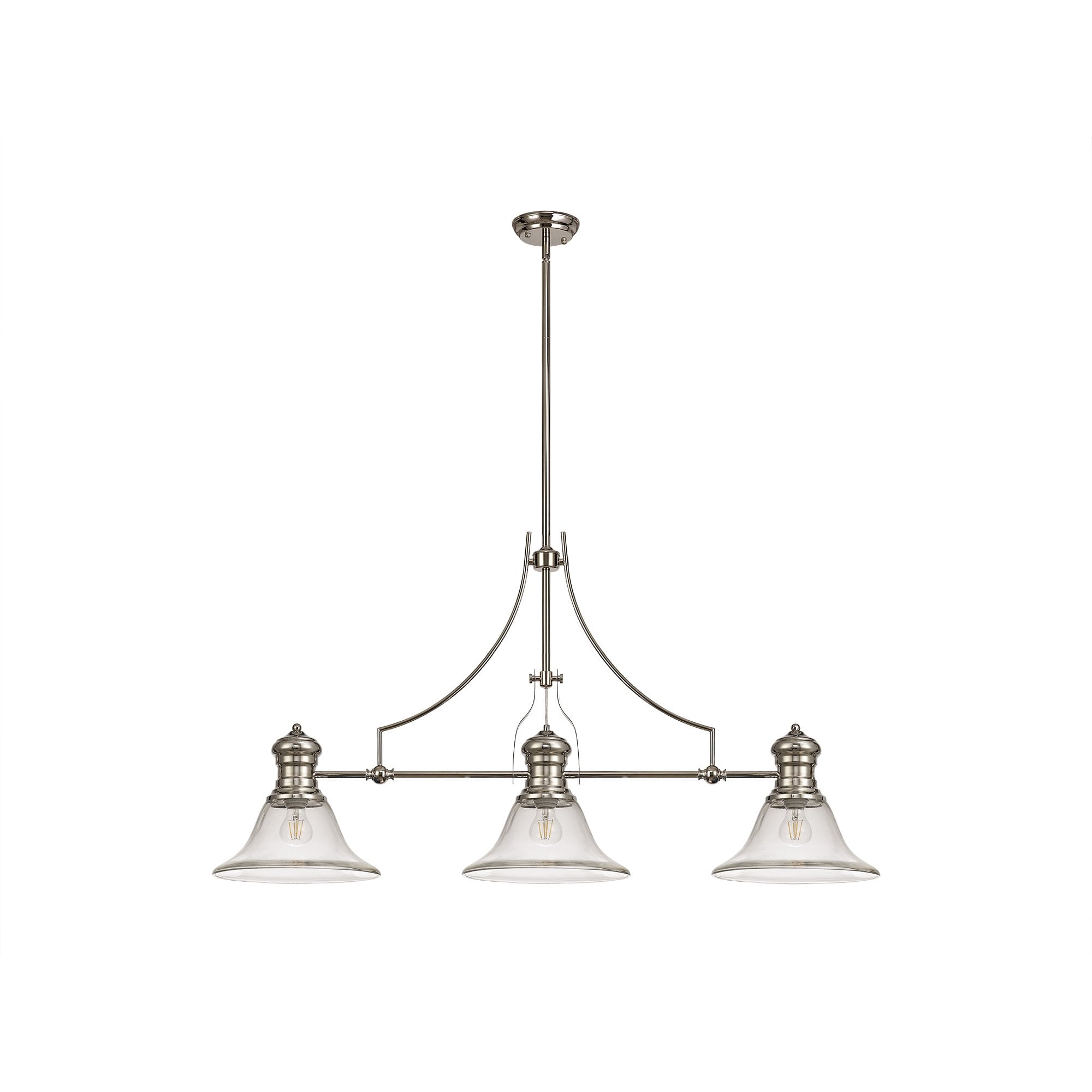 3 Light Telescopic Pendant E27 With 30cm Smooth Bell Glass Shade, Polished Nickel/Clear