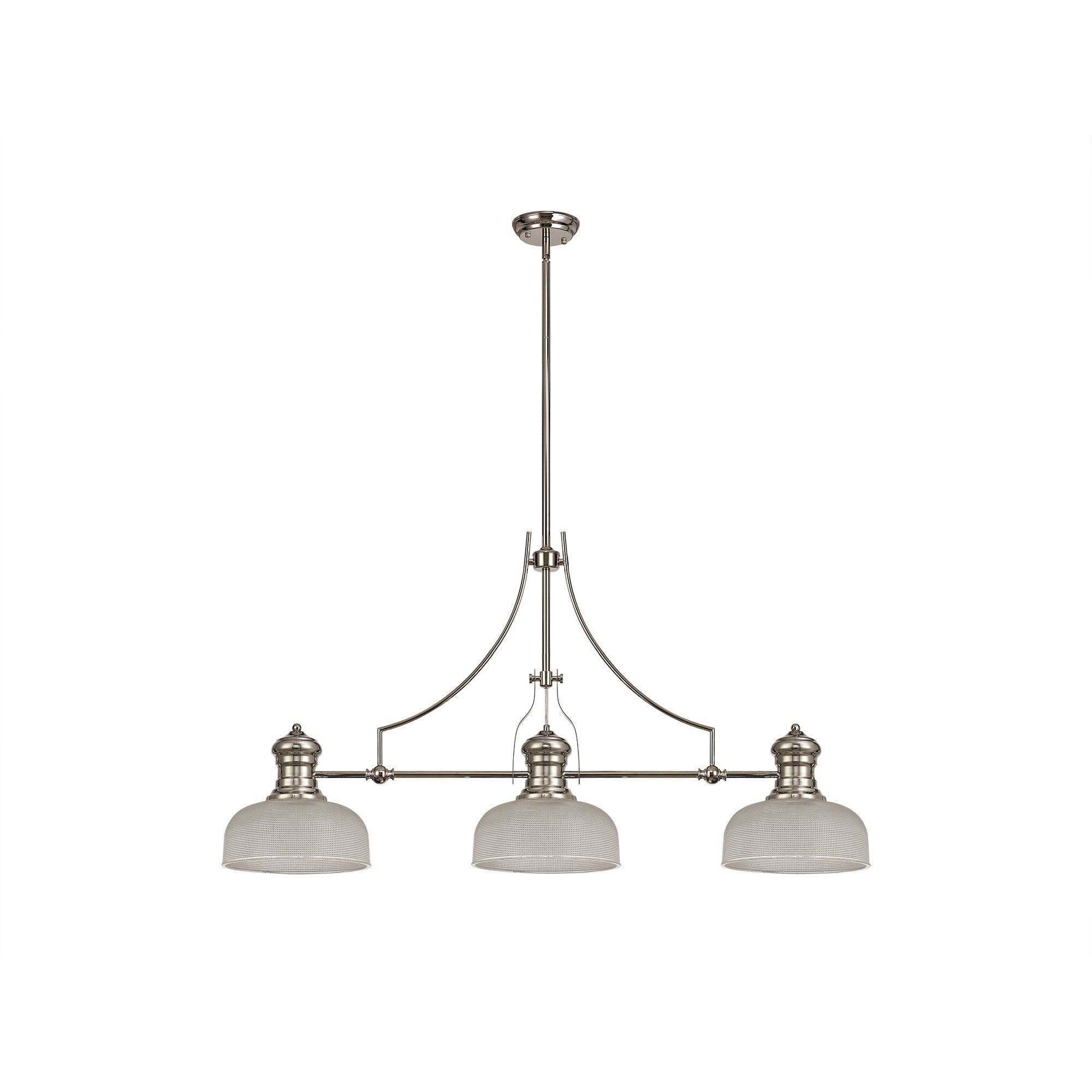 3 Light Telescopic Pendant E27 With 26.5cm Prismatic Glass Shade, Polished Nickel/Clear