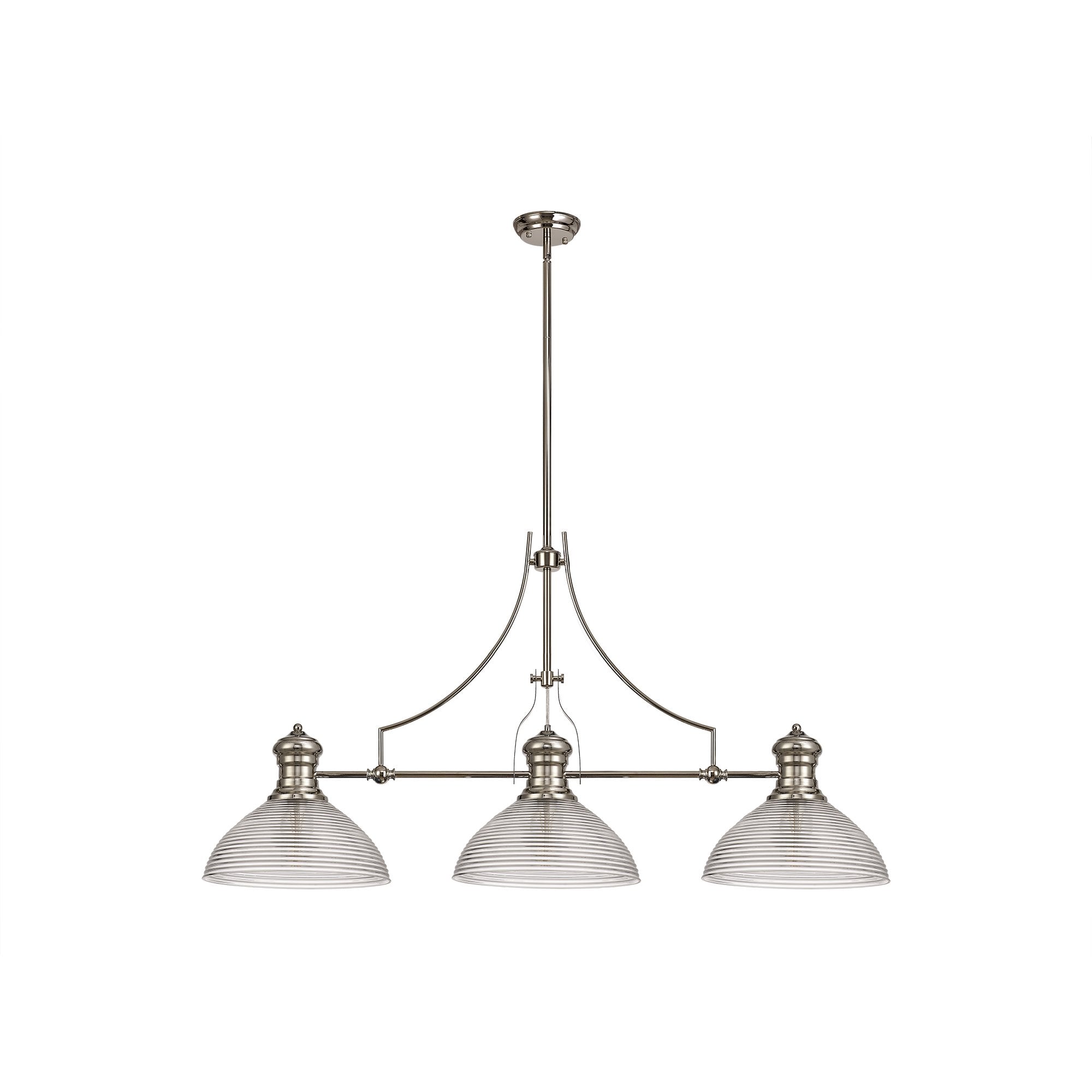 3 Light Telescopic Pendant E27 With 33.5cm Prismatic Glass Shade, Polished Nickel/Clear