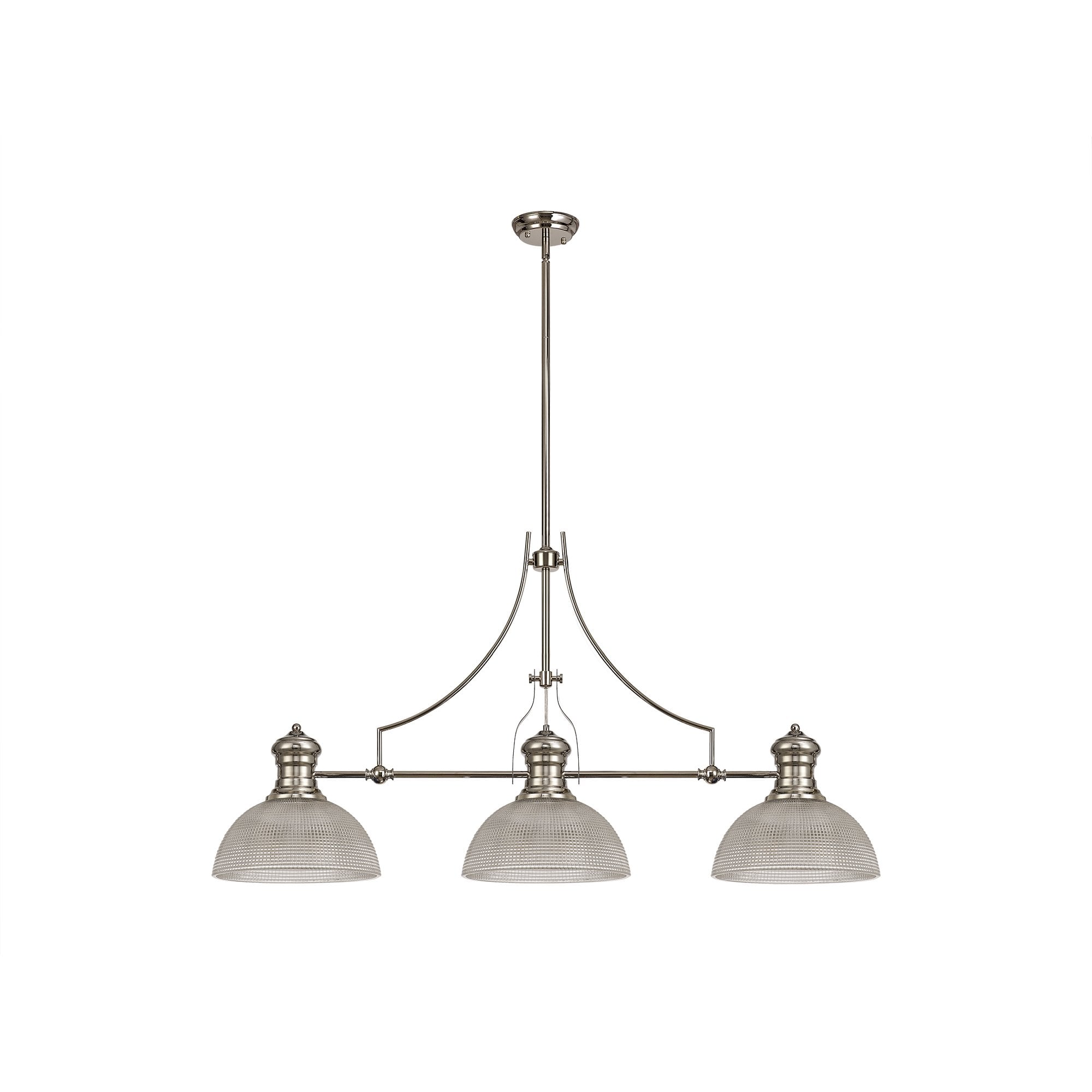 3 Light Telescopic Pendant E27 With 30cm Prismatic Glass Shade, Polished Nickel/Clear