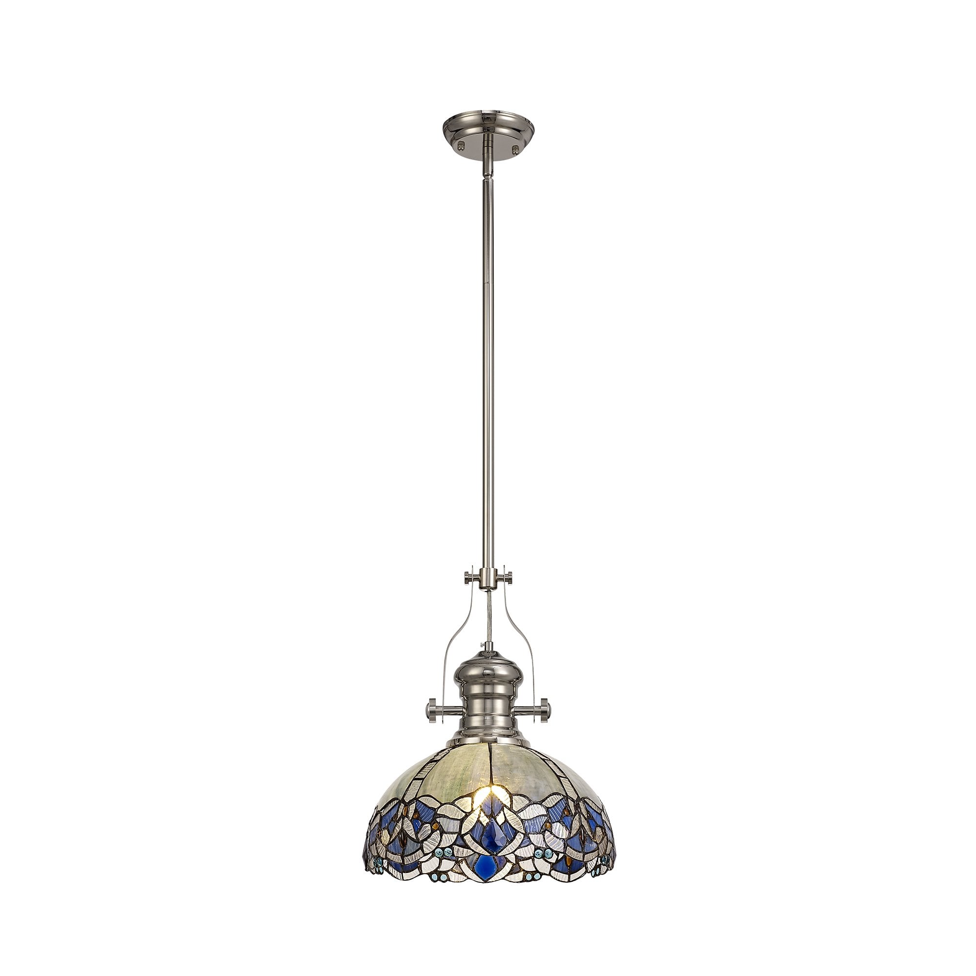1 Light Telescopic Pendant E27 With 30cm Tiffany Shade, Polished Nickel/Blue/Clear Crystal