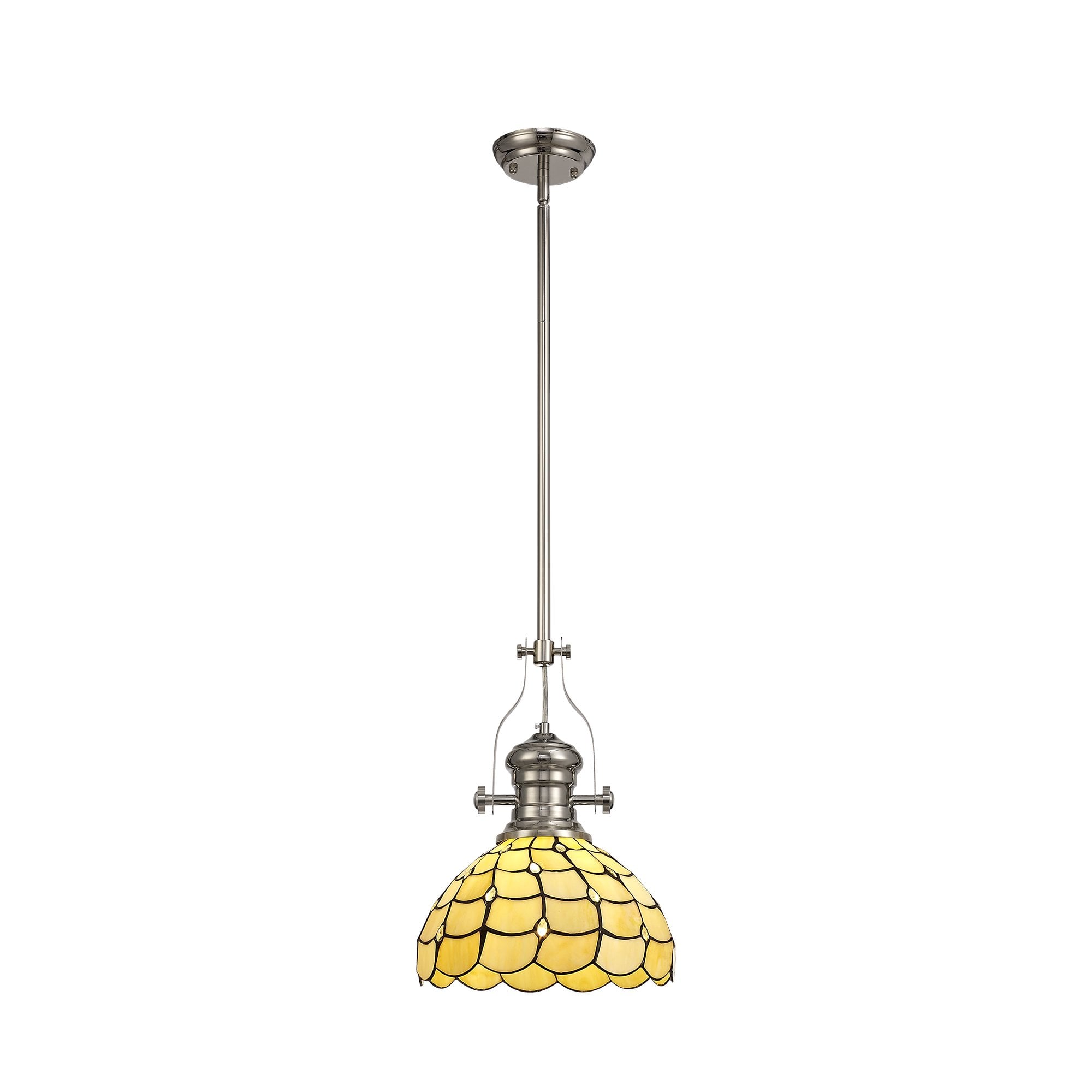 1 Light Telescopic Pendant E27 With 30cm Tiffany Shade, Polished Nickel/Beige/Clear Crystal