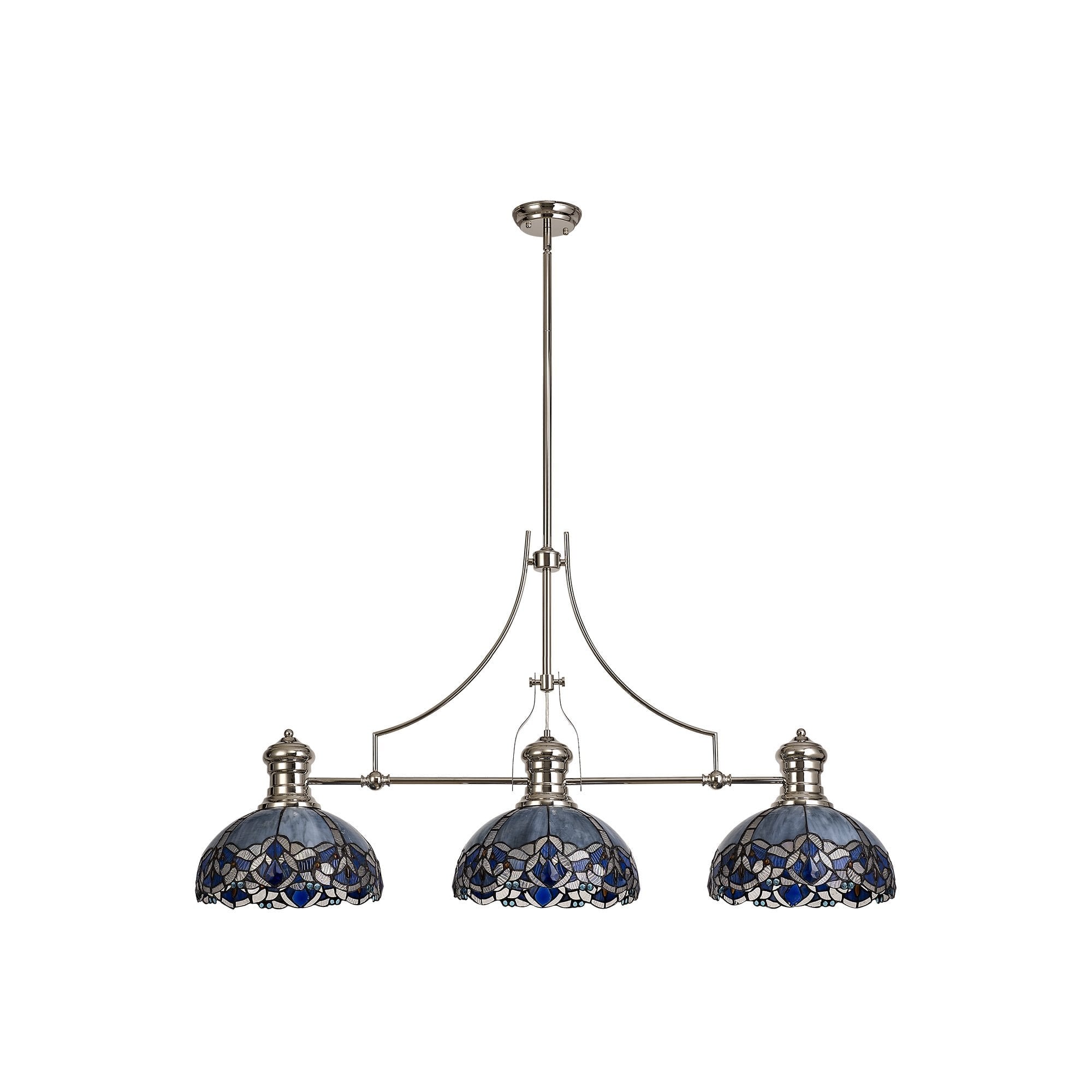 3 Light Telescopic Pendant E27 With 30cm Tiffany Shade, Polished Nickel/Blue/Clear Crystal