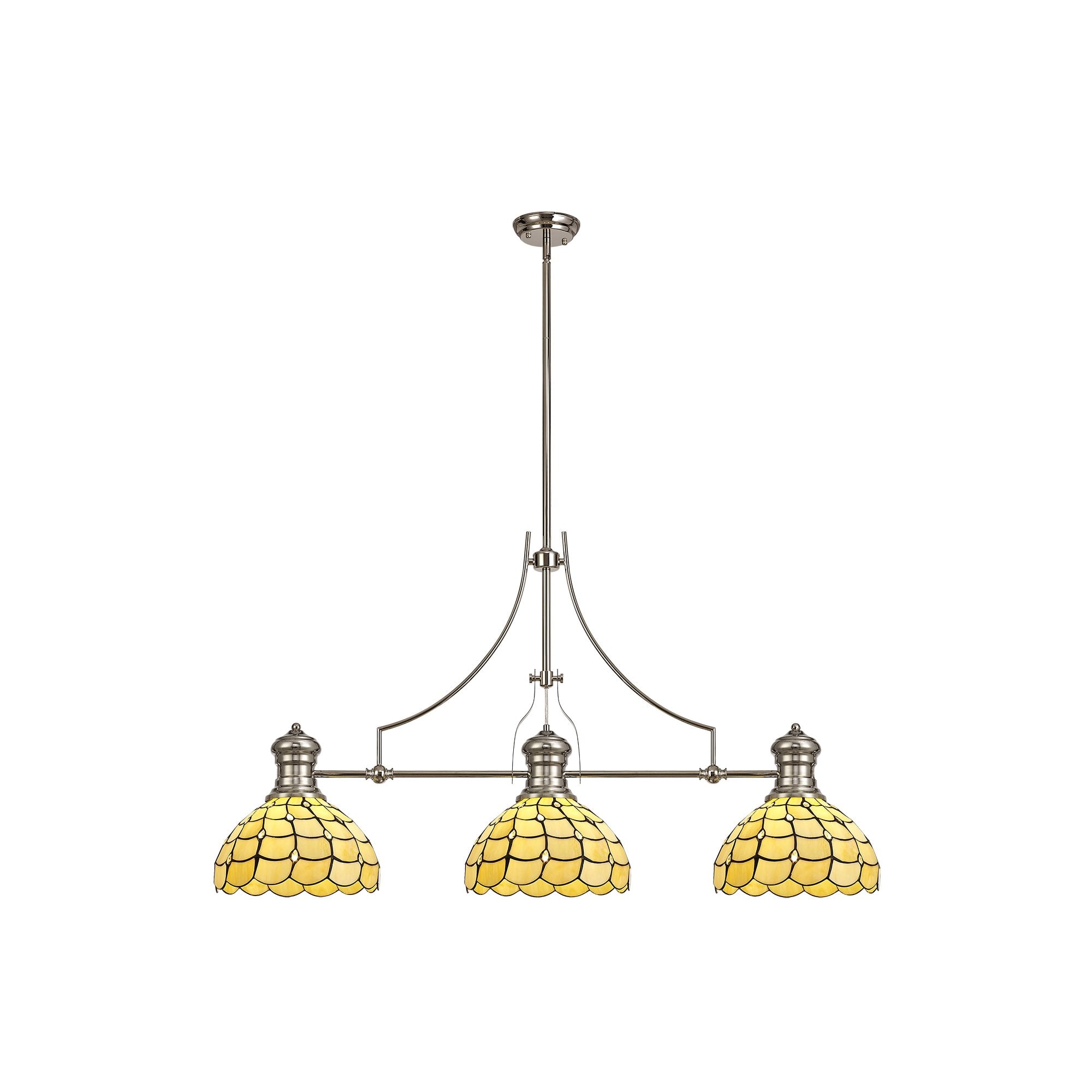 3 Light Telescopic Pendant E27 With 30cm Tiffany Shade, Polished Nickel/Beige/Clear Crystal