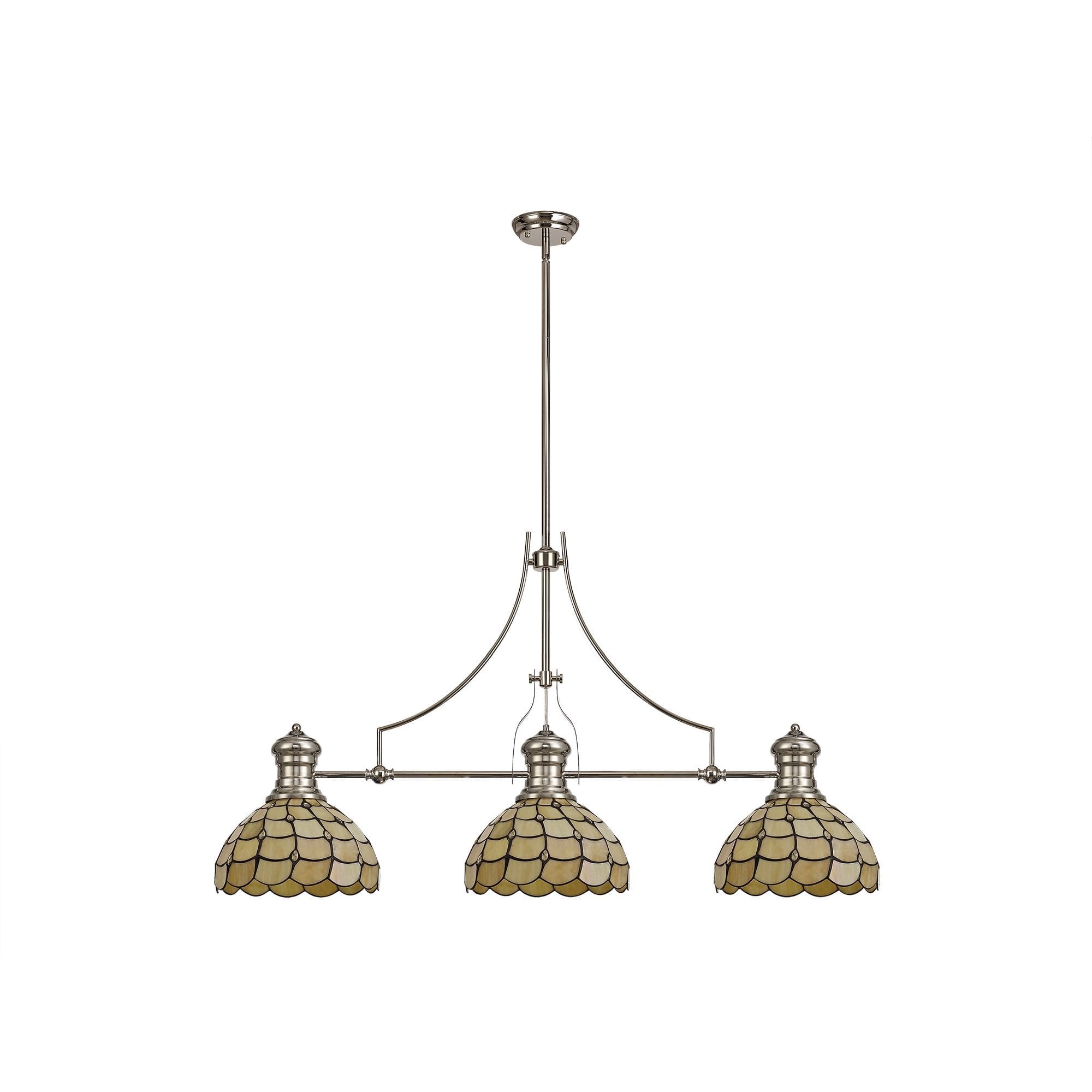 3 Light Telescopic Pendant E27 With 30cm Tiffany Shade, Polished Nickel/Beige/Clear Crystal