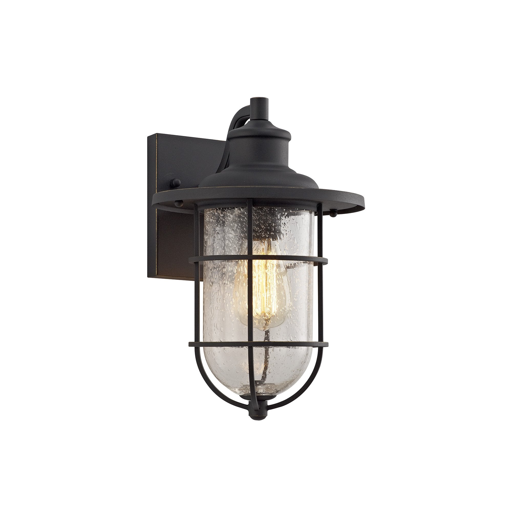 Wall Lamp, 1 x E27, Black/Gold With Seeded Clear Glass, IP54, 2yrs Warranty