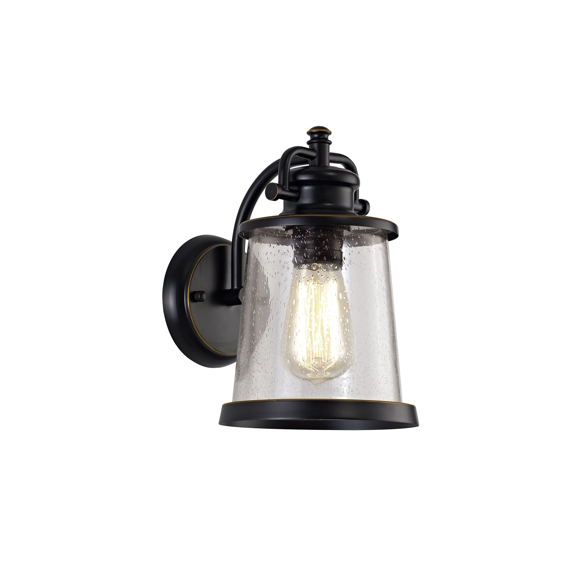 Wall Lamp, 1 x E27, Black/Gold With Seeded Clear Glass, IP54, 2yrs Warranty