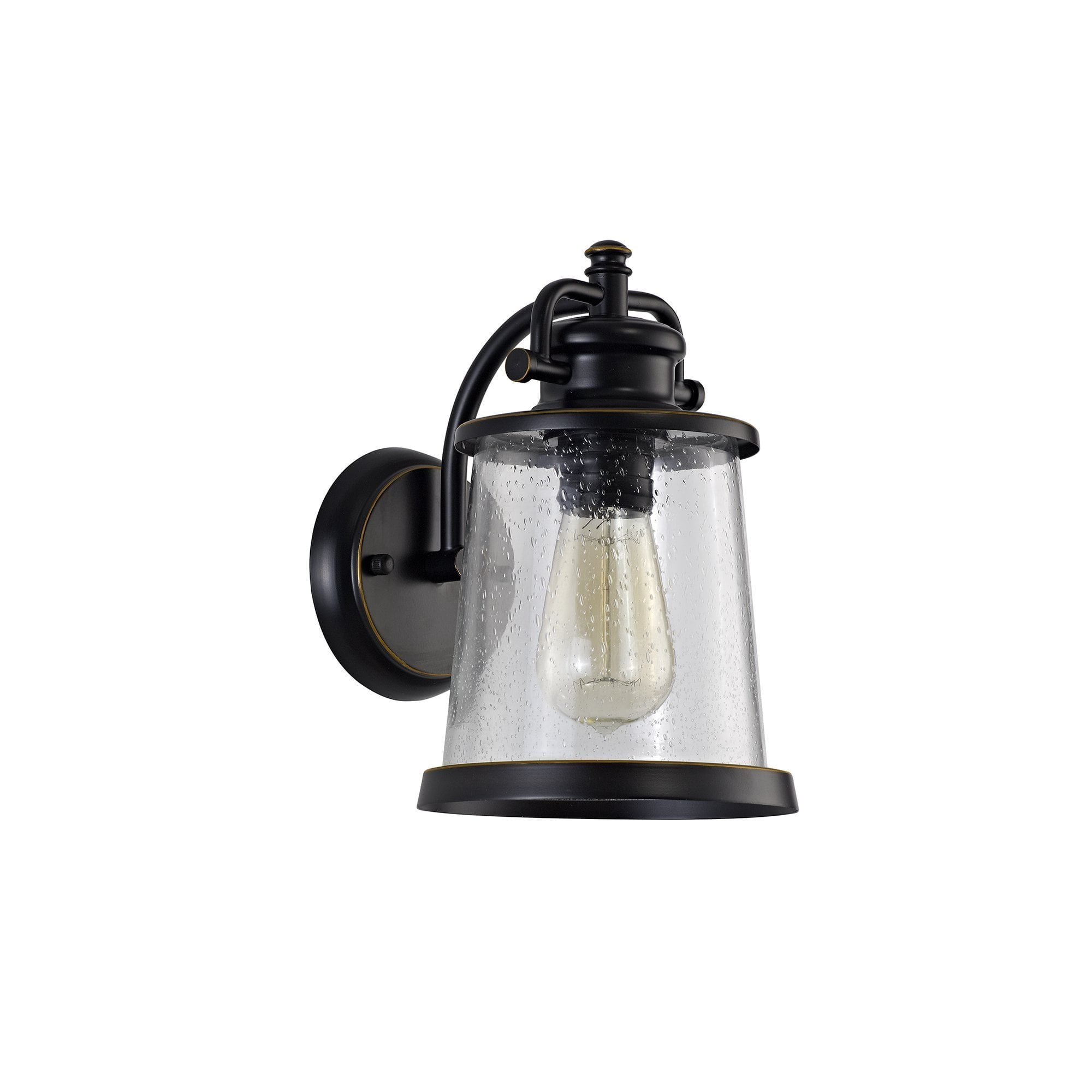 Wall Lamp, 1 x E27, Black/Gold With Seeded Clear Glass, IP54, 2yrs Warranty