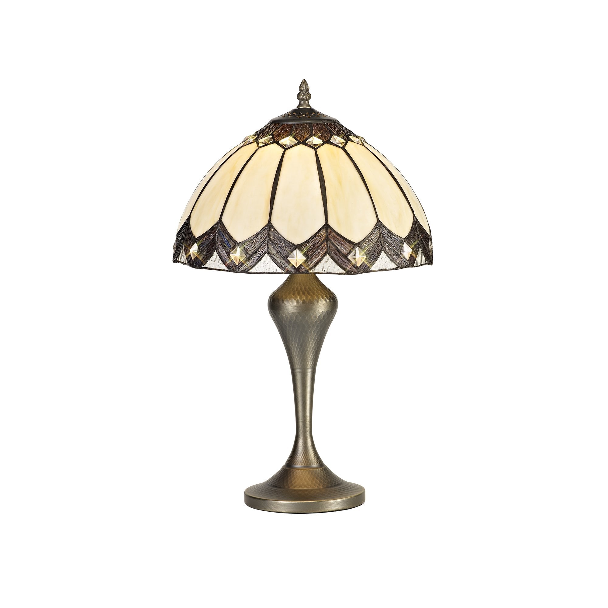 Tiffany Table Lamp, 1 x E27, Aged Antique Brass Base/Cream/Brown Glass/Clear Crystal