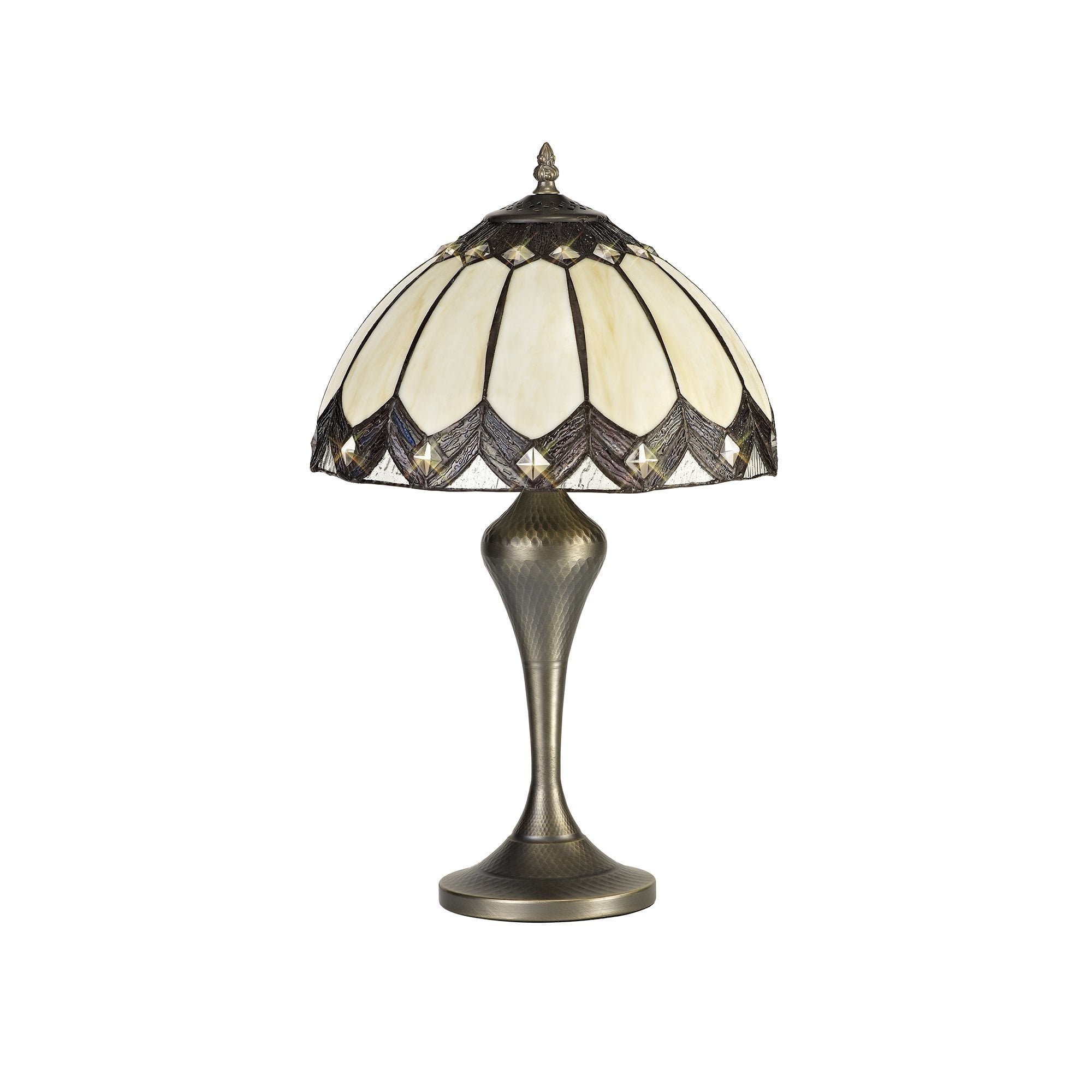 Tiffany Table Lamp, 1 x E27, Aged Antique Brass Base/Cream/Brown Glass/Clear Crystal