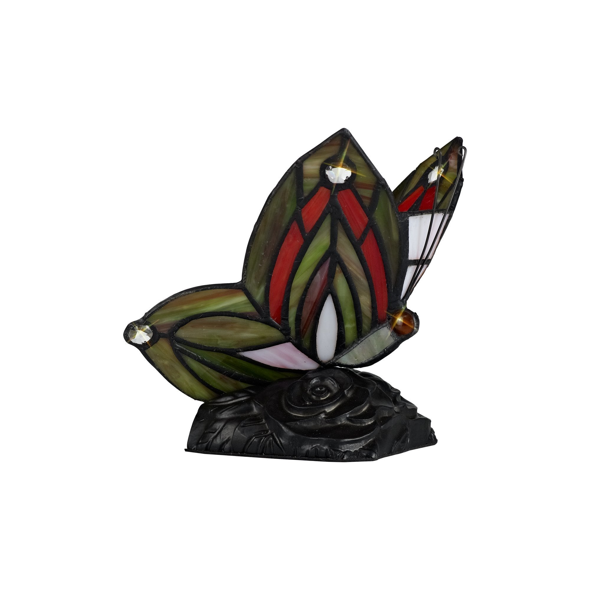 Tiffany Butterfly Table Lamp, 1 x E14, Black Base With Green/Red Glass With Clear Crystal