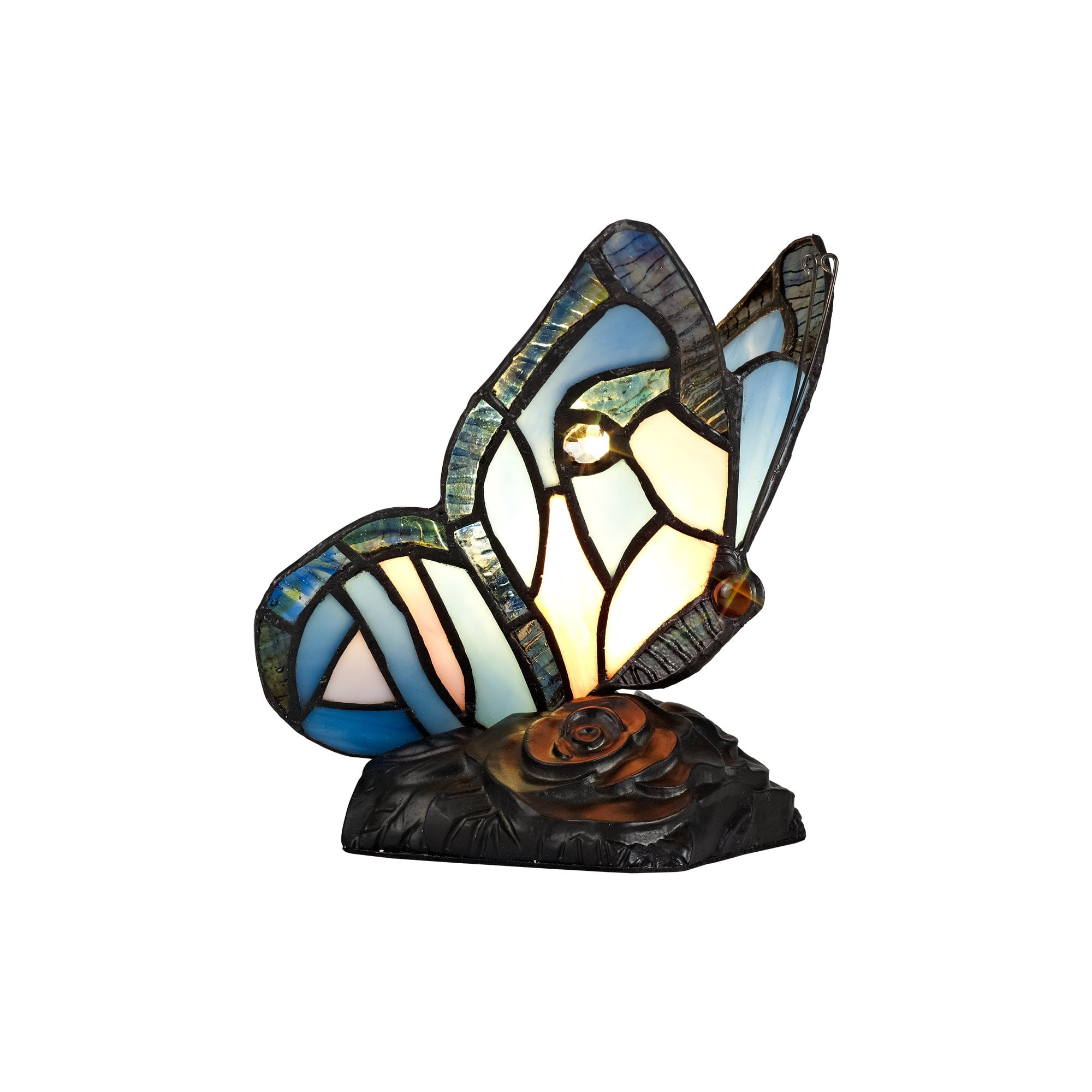 Tiffany Butterfly Table Lamp, 1 x E14, Black Base With Blue/Pink Glass With Clear Crystal