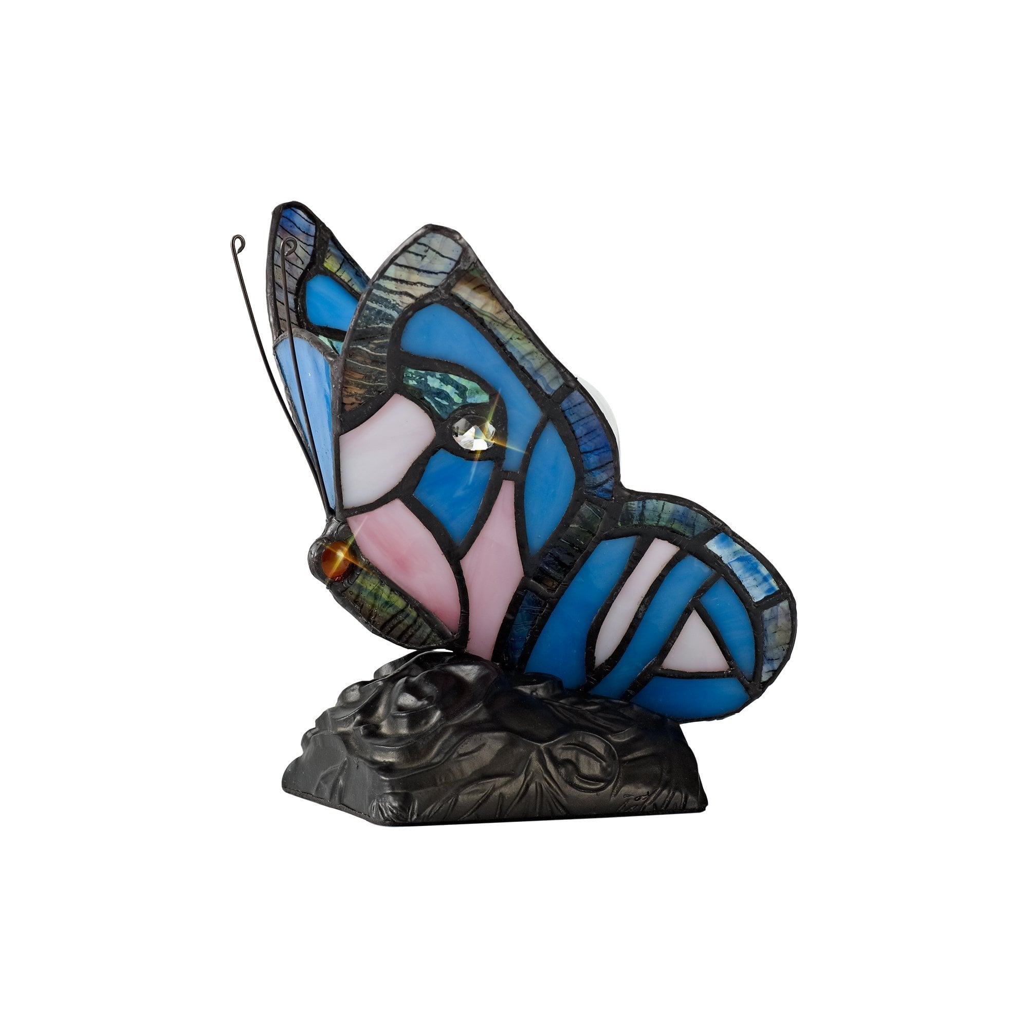 Tiffany Butterfly Table Lamp, 1 x E14, Black Base With Blue/Pink Glass With Clear Crystal