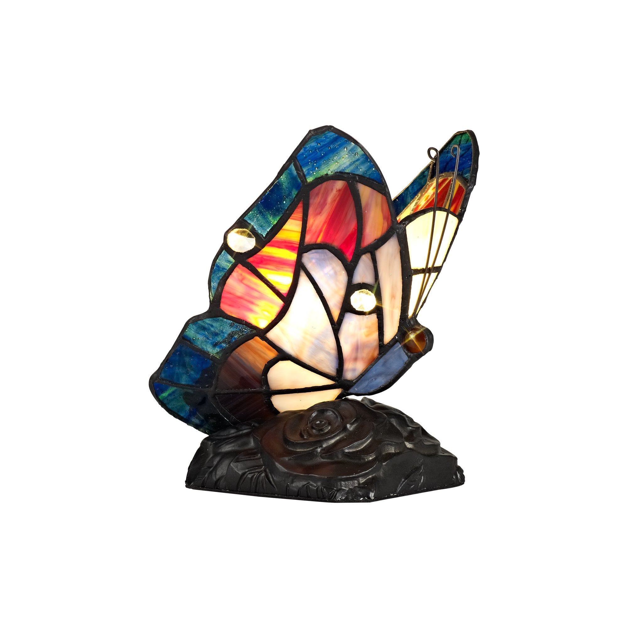 Tiffany Butterfly Table Lamp, 1 x E14, Black Base With Blue/Brown Glass With Clear Crystal