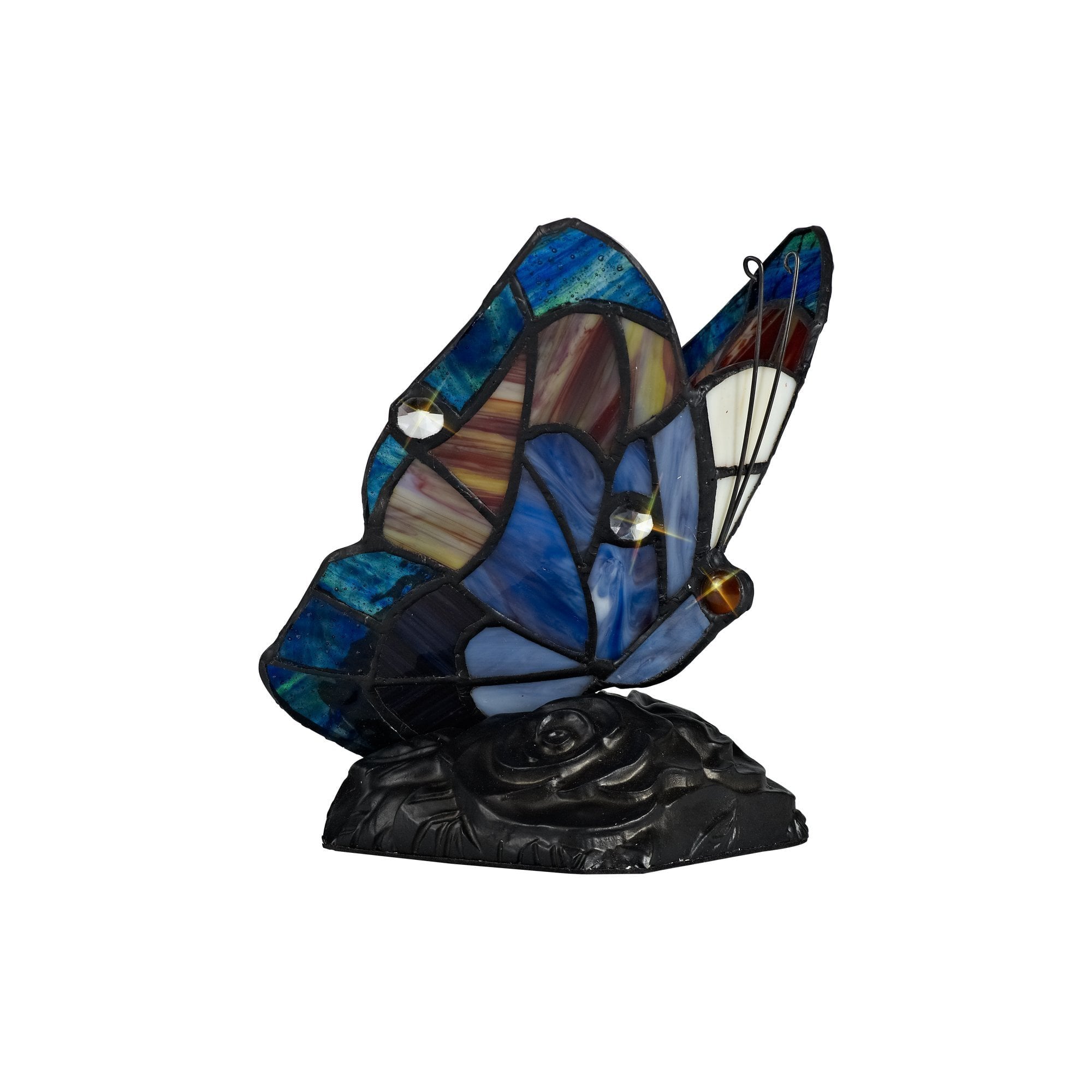 Tiffany Butterfly Table Lamp, 1 x E14, Black Base With Blue/Brown Glass With Clear Crystal