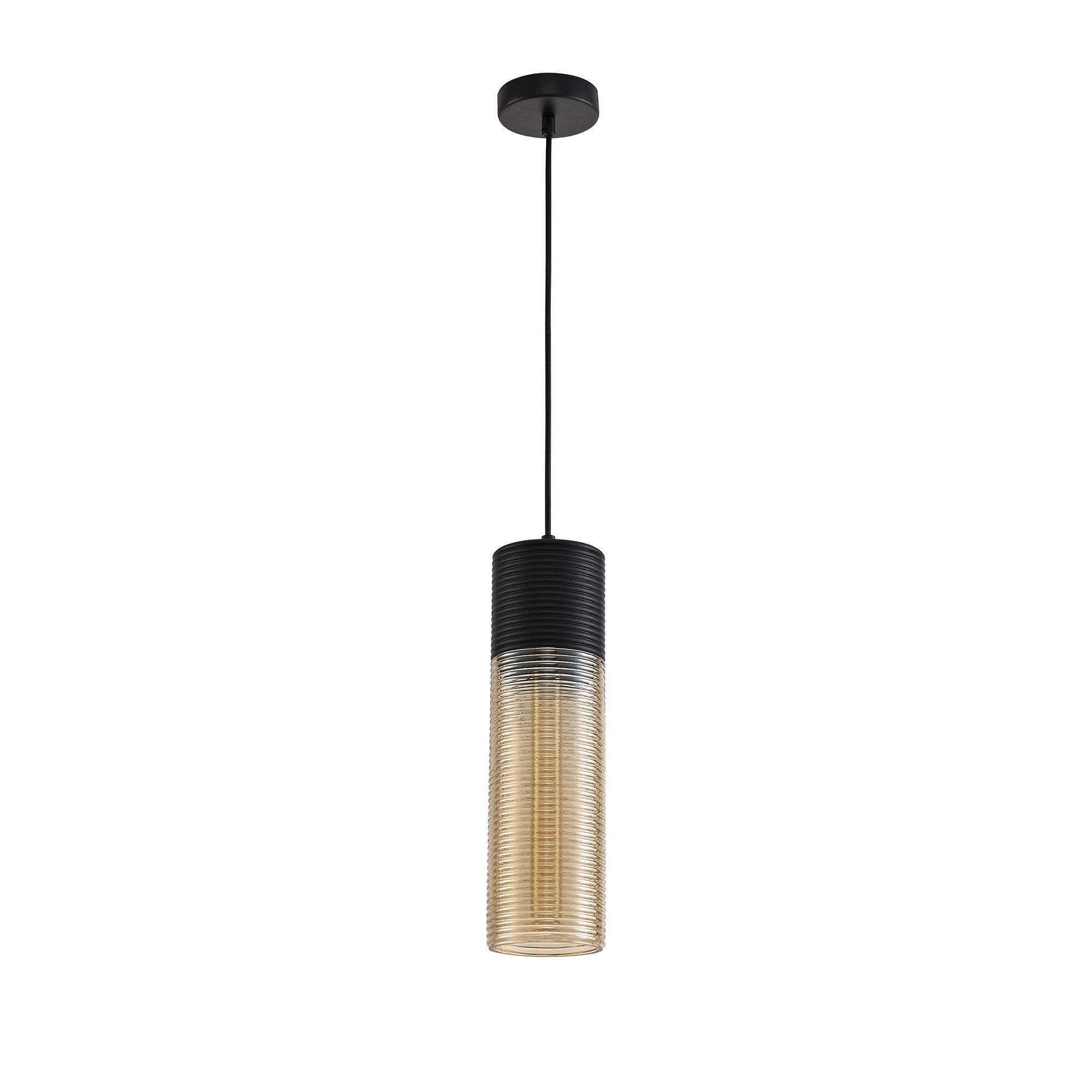 Single Tube Pendant 1 Light E27, Black/Amber Glass