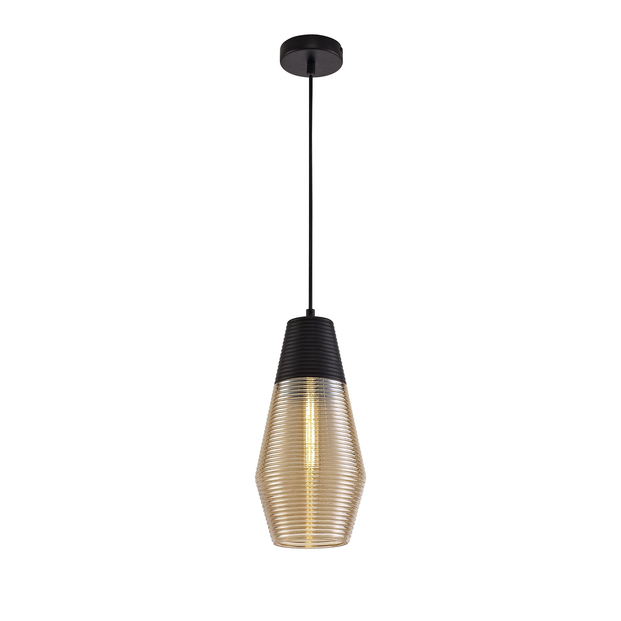 Single Cone Pendant 1 Light E27, Black/Amber Glass