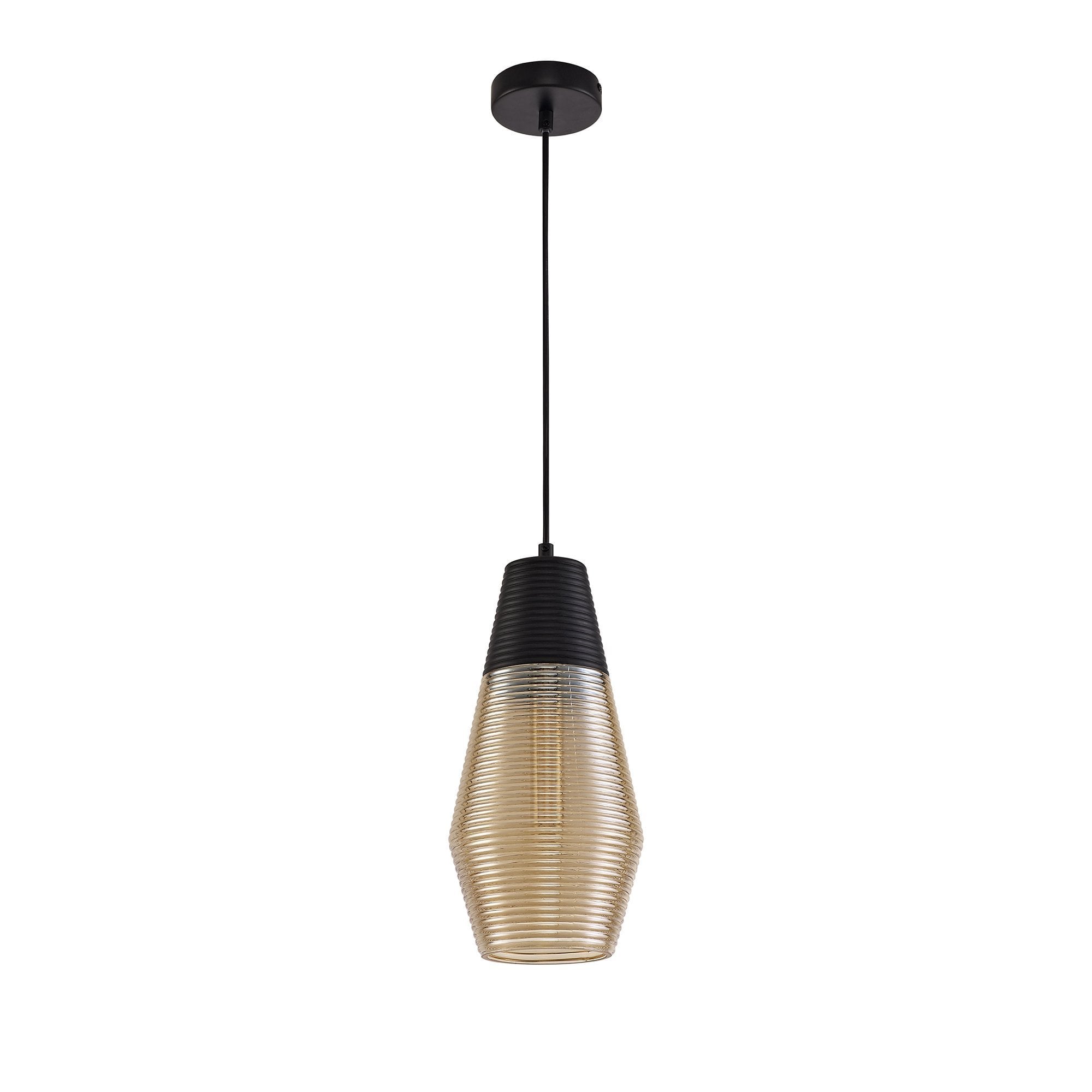 Single Cone Pendant 1 Light E27, Black/Amber Glass