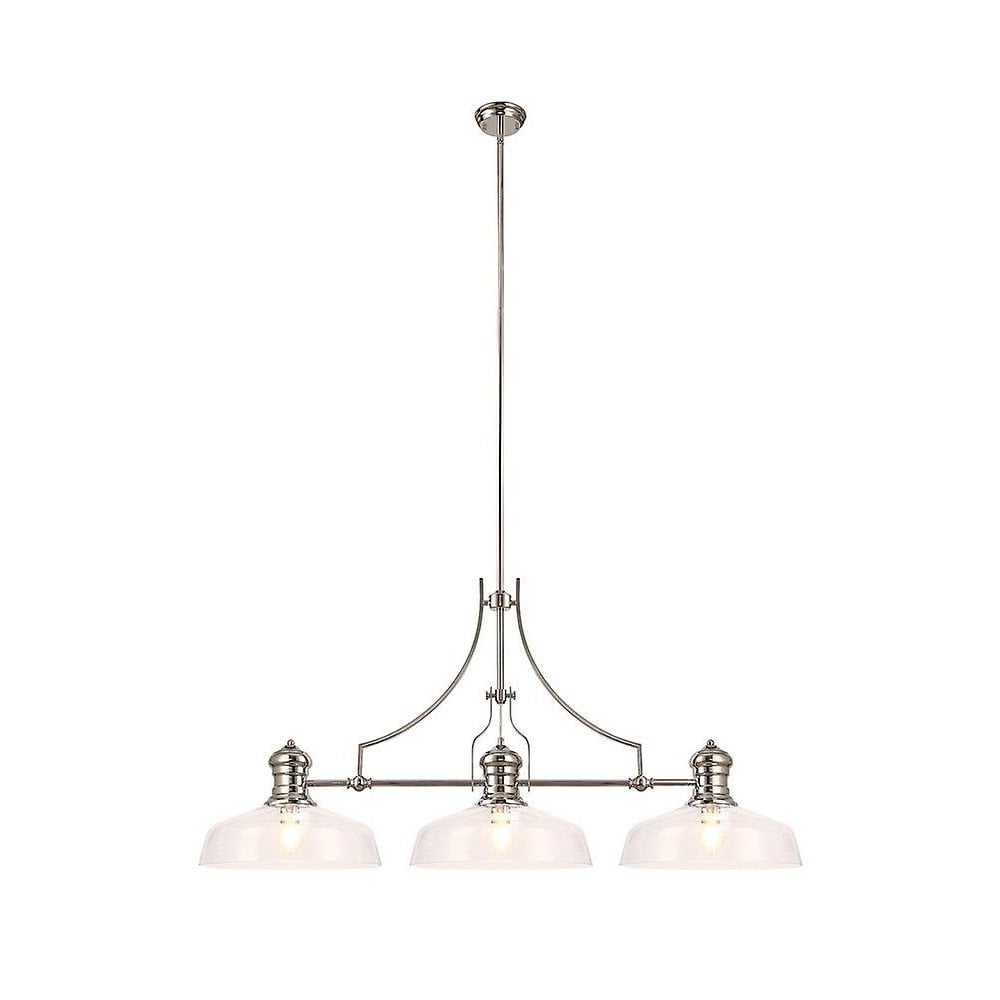 Linear Pendant With 38cm Flat Round Shade, 3 x E27, Polished Nickel/Clear Glass