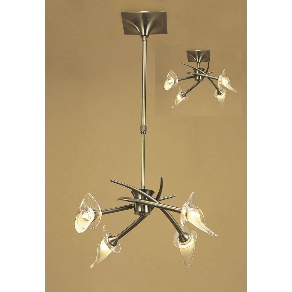 Flavia Telescopic Pendant Semi Flush Convertible Round 4 Light G9, Antique Brass