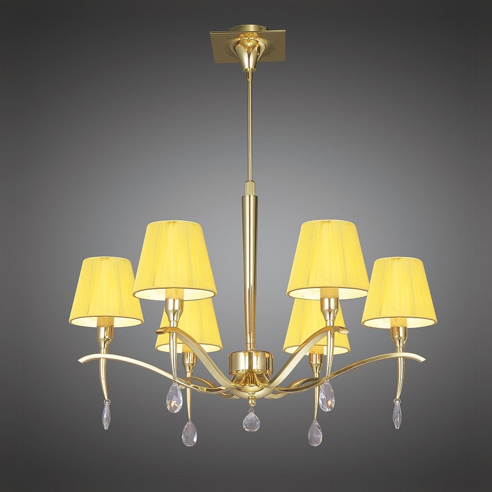 Siena Pendant Round 6 Light E14, Polished Brass With Amber Cream Shades And Clear Crystal