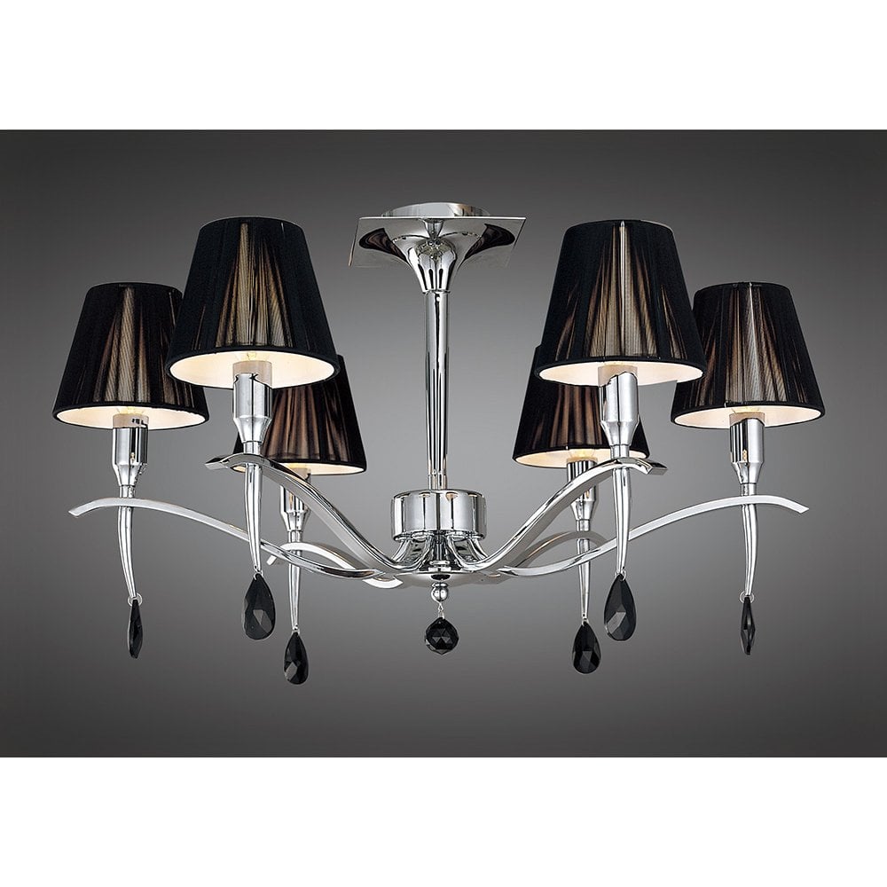 Siena Semi Ceiling Round 6 Light E14, Polished Chrome With Black Shades And Black Crystal