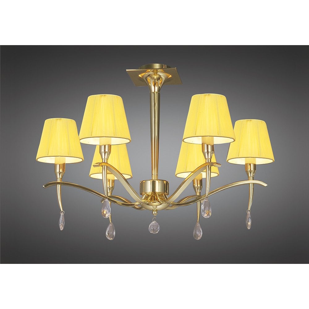 Siena Semi Ceiling Round 6 Light E14, Polished Brass With Amber Cream Shades And Clear Crystal