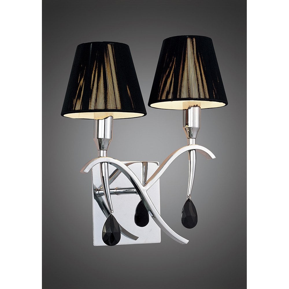 Siena Wall Lamp Switched 2 Light E14, Polished Chrome With Black Shades And Black Crystal