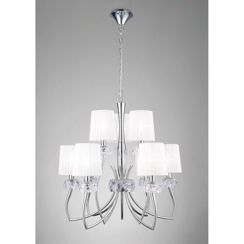 Loewe 2 Tier Pendant 6+3 Light E14, Polished Chrome With White Shades