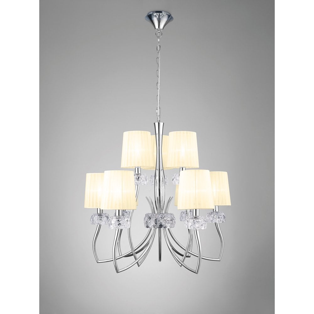 M4630 Loewe 2 Tier Pendant 6+3 Light E14, Polished Chrome With Cream Shades