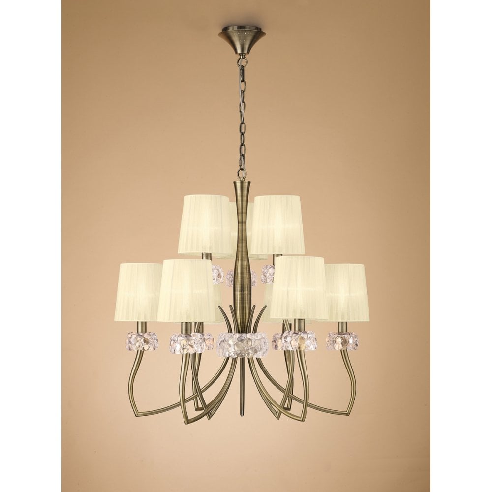 Loewe 2 Tier Pendant 6+3 Light E14, Antique Brass With Cream Shades