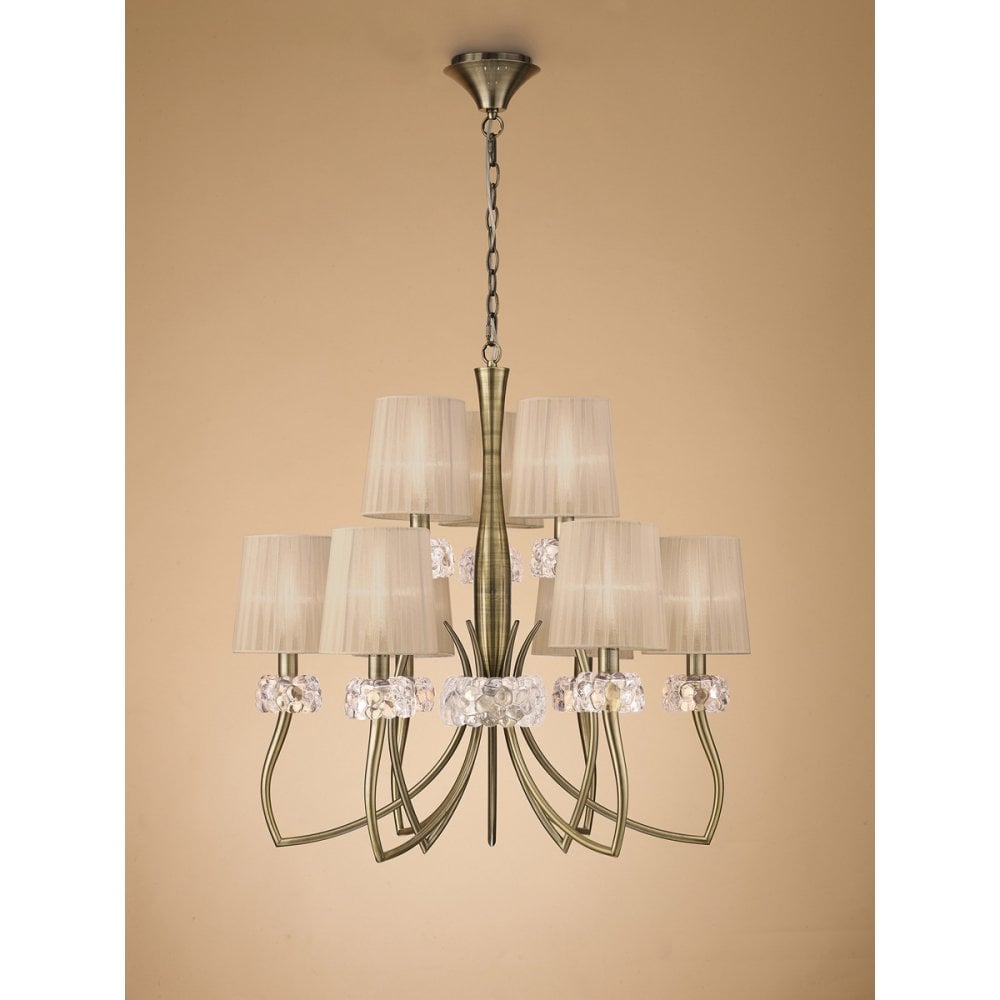 Loewe 2 Tier Pendant 6+3 Light E14, Antique Brass With Soft Bronze Shades