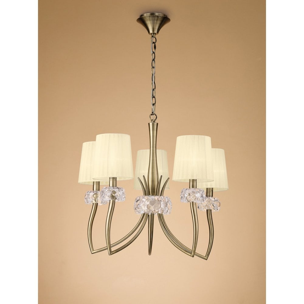 Loewe Pendant 5 Light E14, Antique Brass With Cream Shades