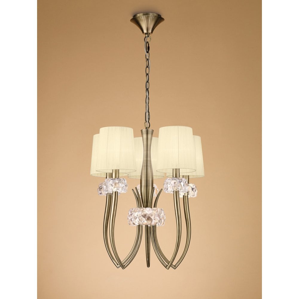 Loewe Slim Pendant 5 Light E27, Antique Brass With Cream Shades