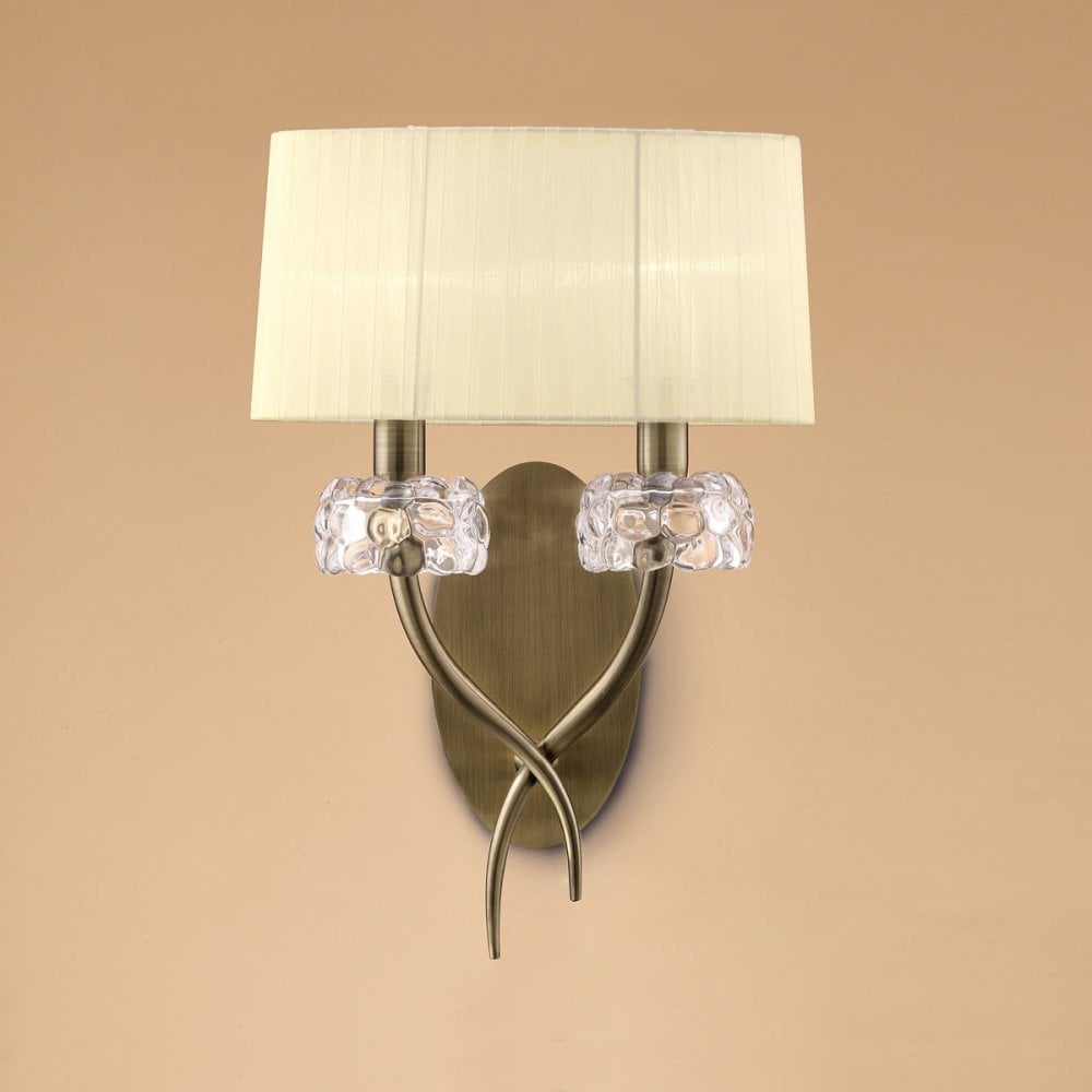 Loewe Wall Lamp Switched 2 Light E14, Antique Brass With Cream Shade